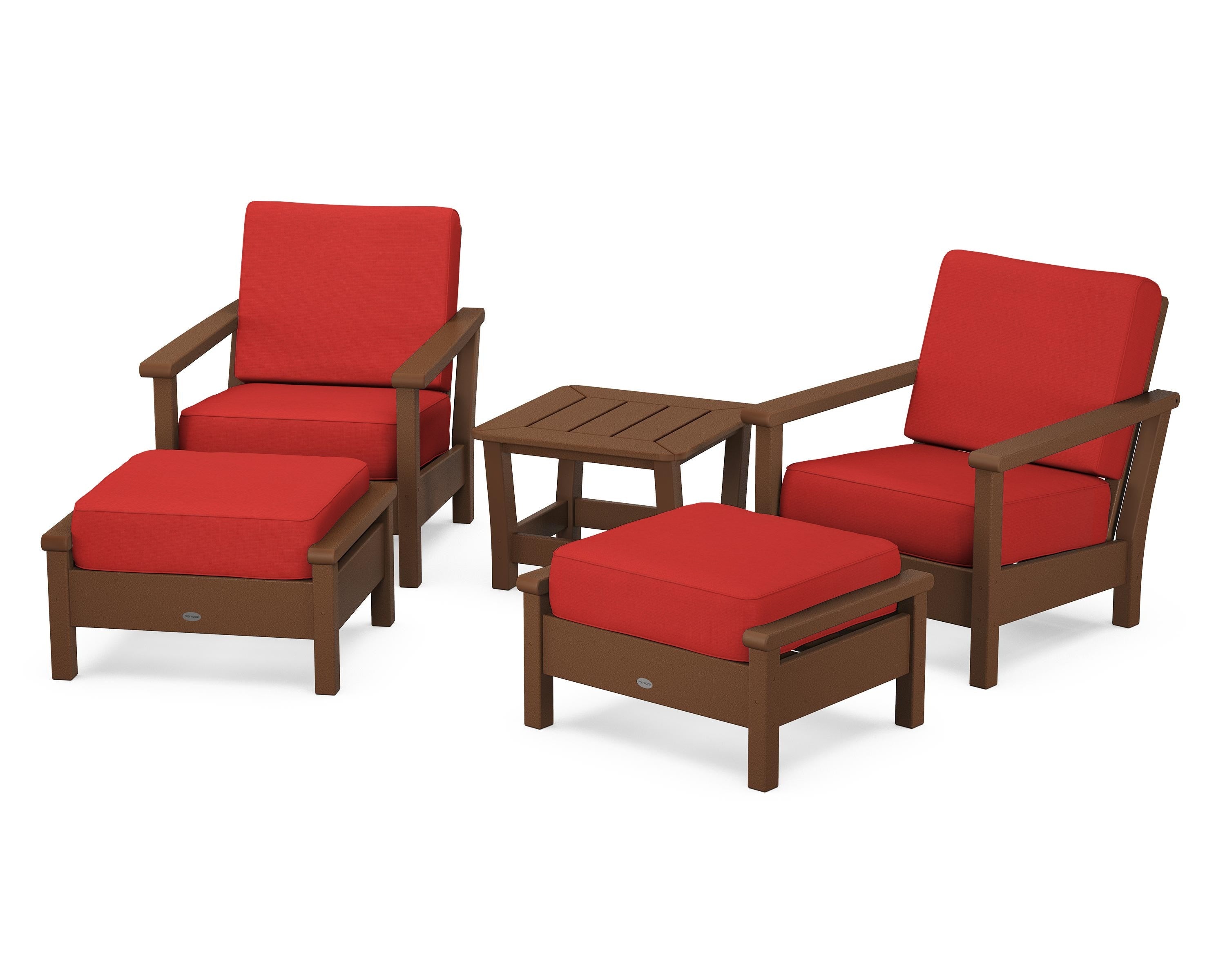 POLYWOOD Harbour 5-Piece Deep Seating Chair Set in Teak / Crimson Linen