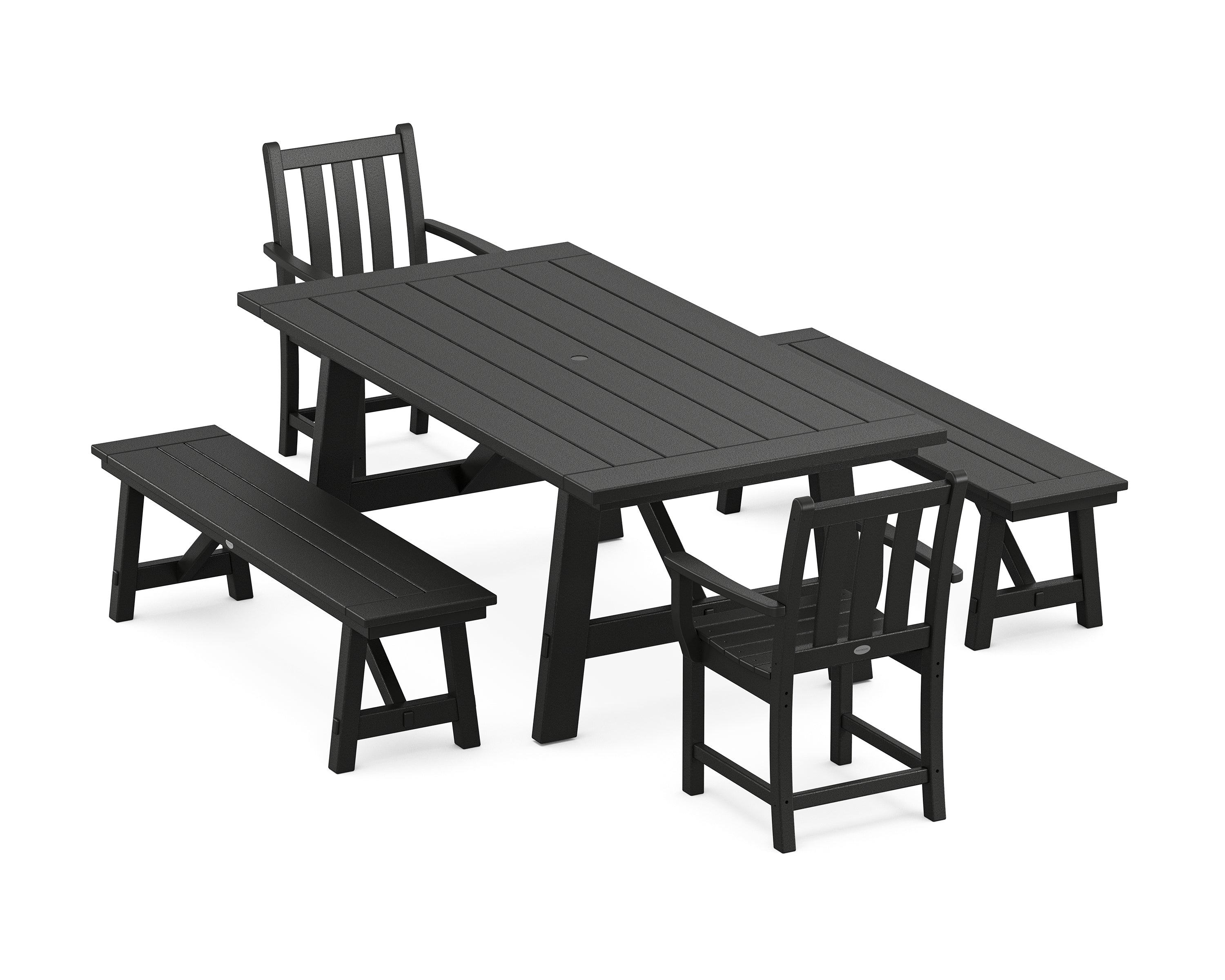 POLYWOOD Traditional Garden 5-Piece Rustic Farmhouse Dining Set With Benches in Black