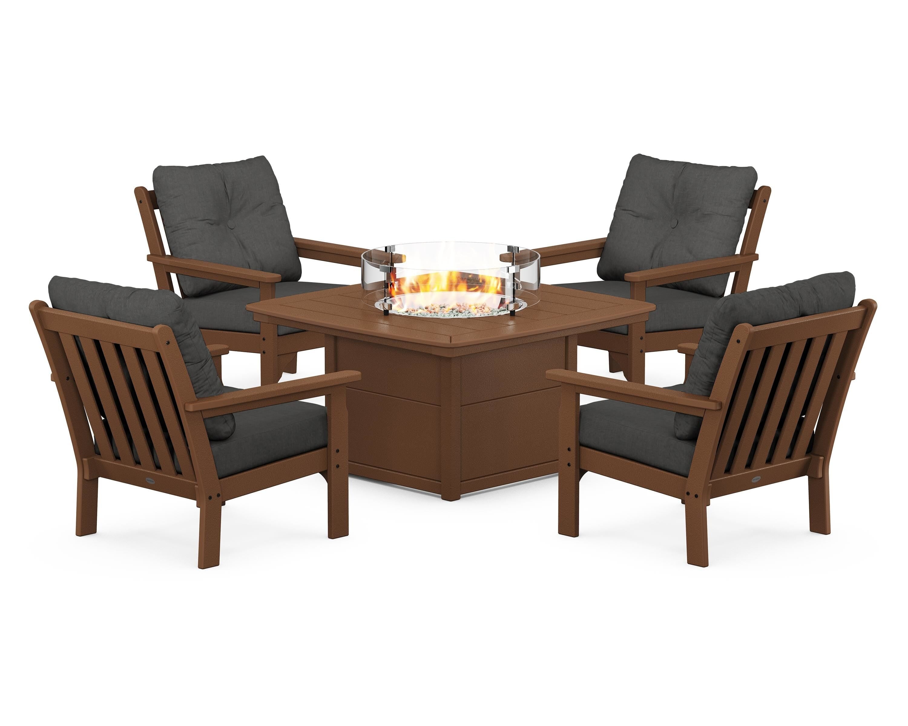 POLYWOOD Vineyard 5-Piece Conversation Set with Fire Pit Table in Teak / Spectrum Carbon