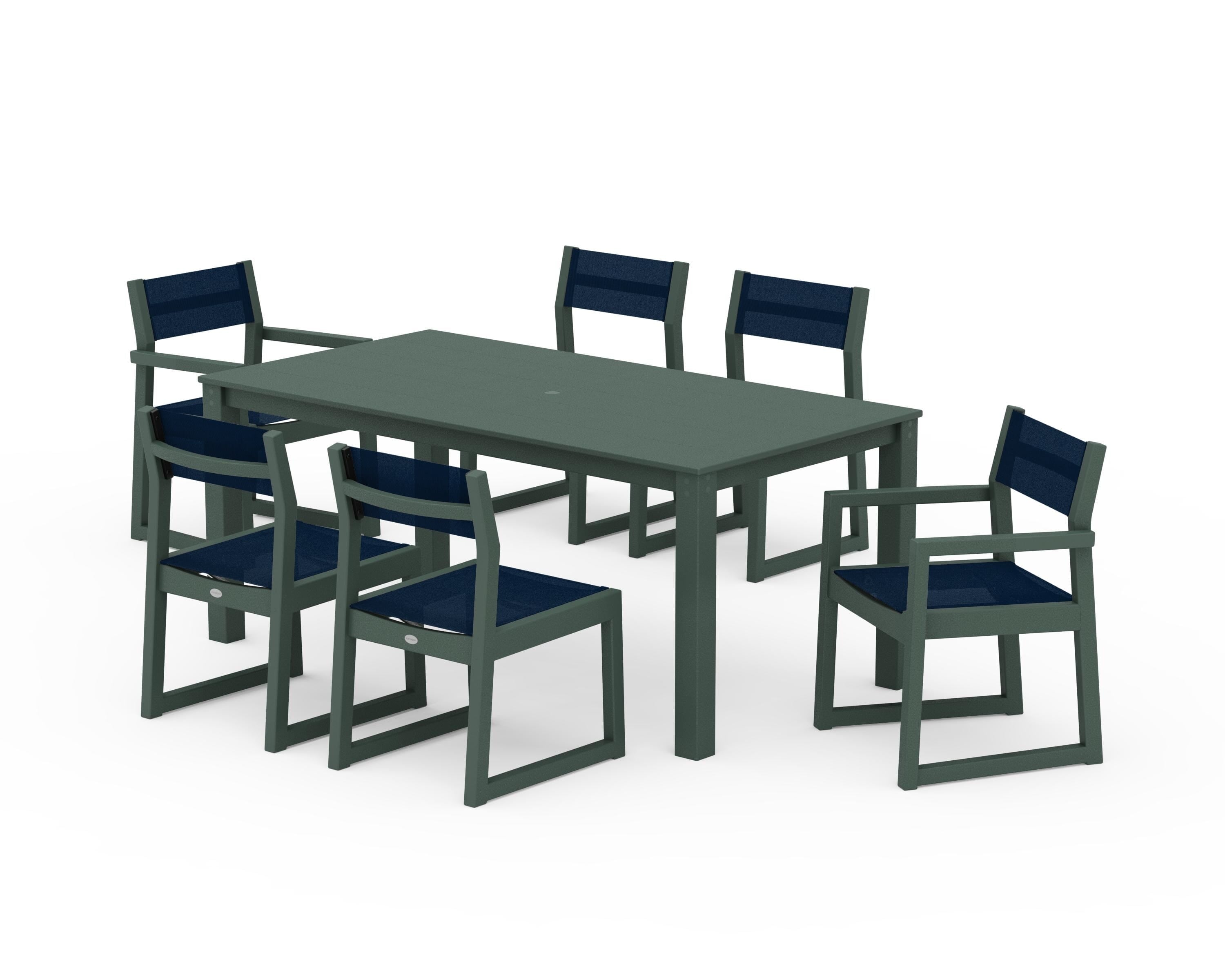 POLYWOOD EDGE Sling 7-Piece Parsons Dining Set in Green / Navy Blue Sling
