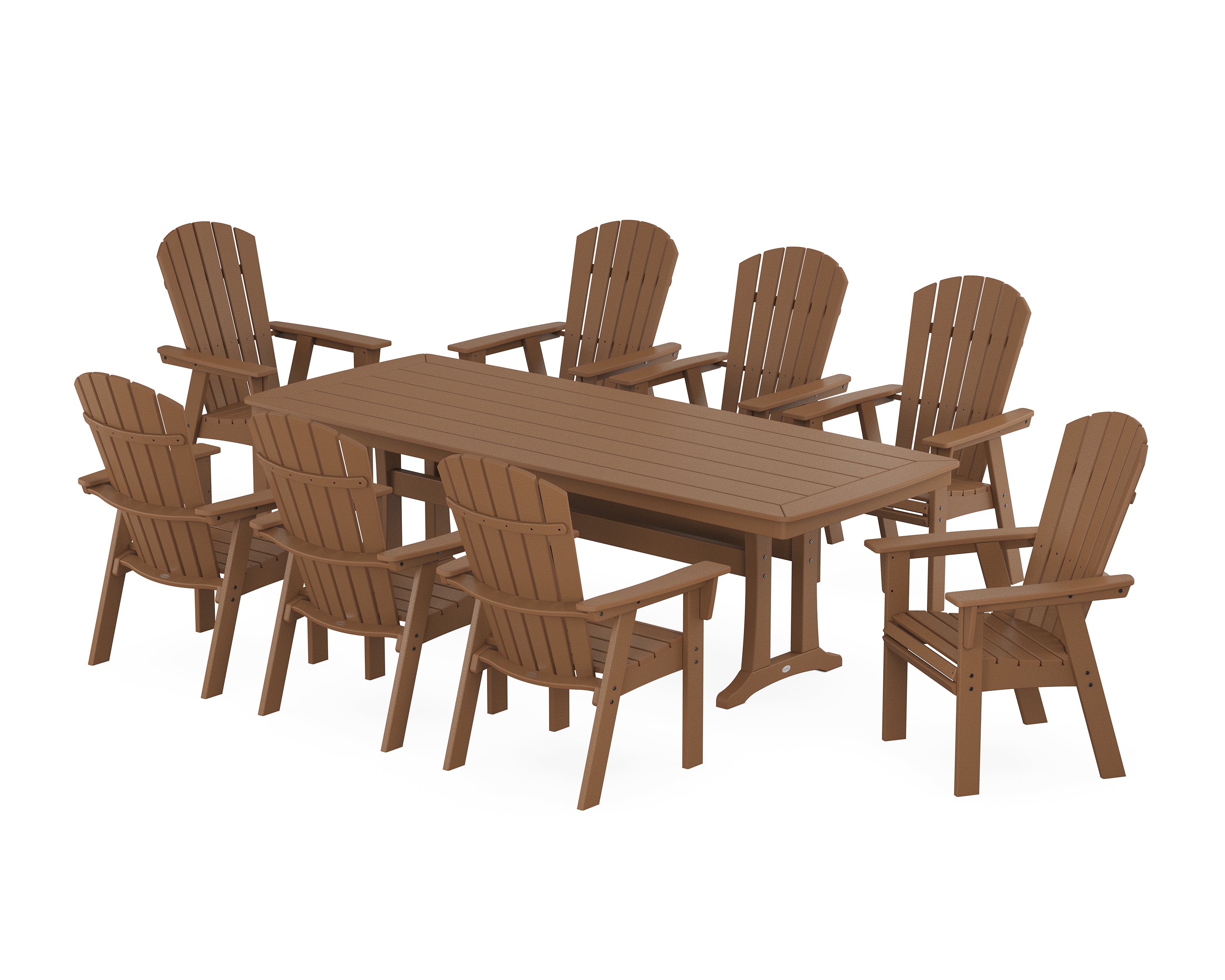 POLYWOOD Nautical Curveback Adirondack 9-Piece Dining Set with Trestle Legs in Teak