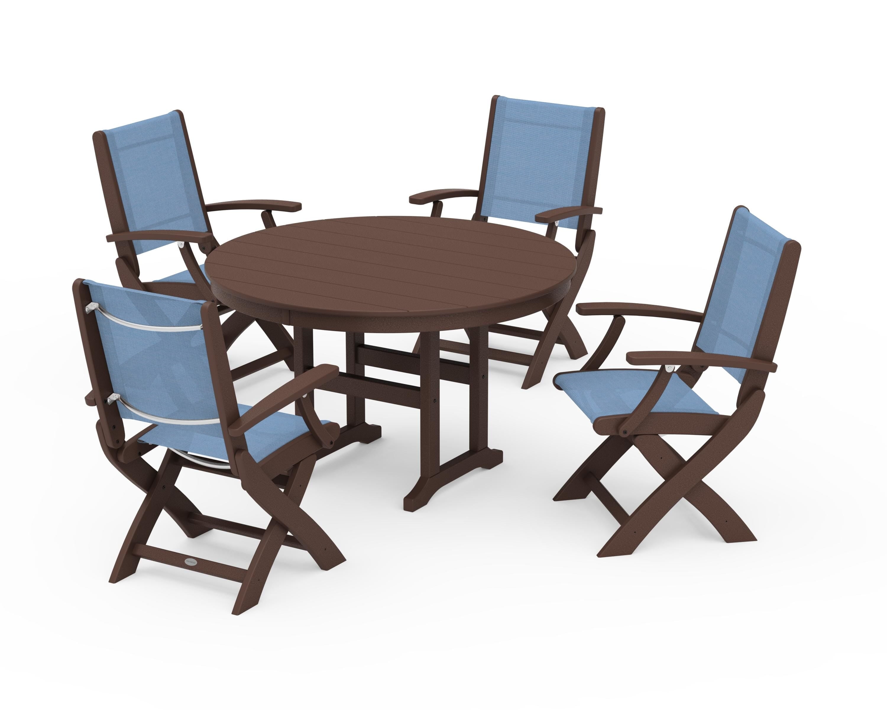 POLYWOOD Coastal Folding Chair 5-Piece Round Dining Set in Mahogany / Poolside Sling