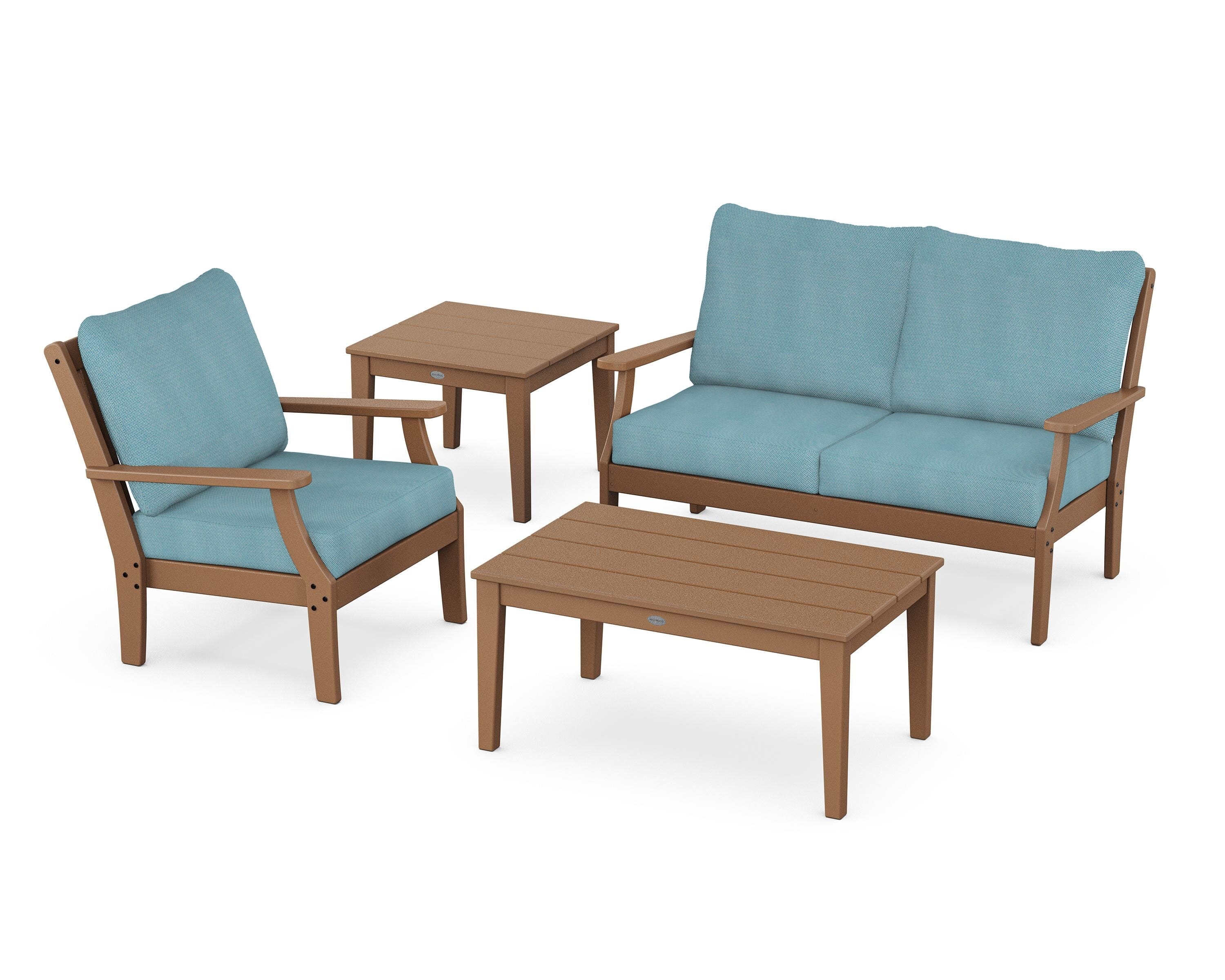 POLYWOOD Braxton 4-Piece Deep Seating Set in Teak / Lattice Sky Blue