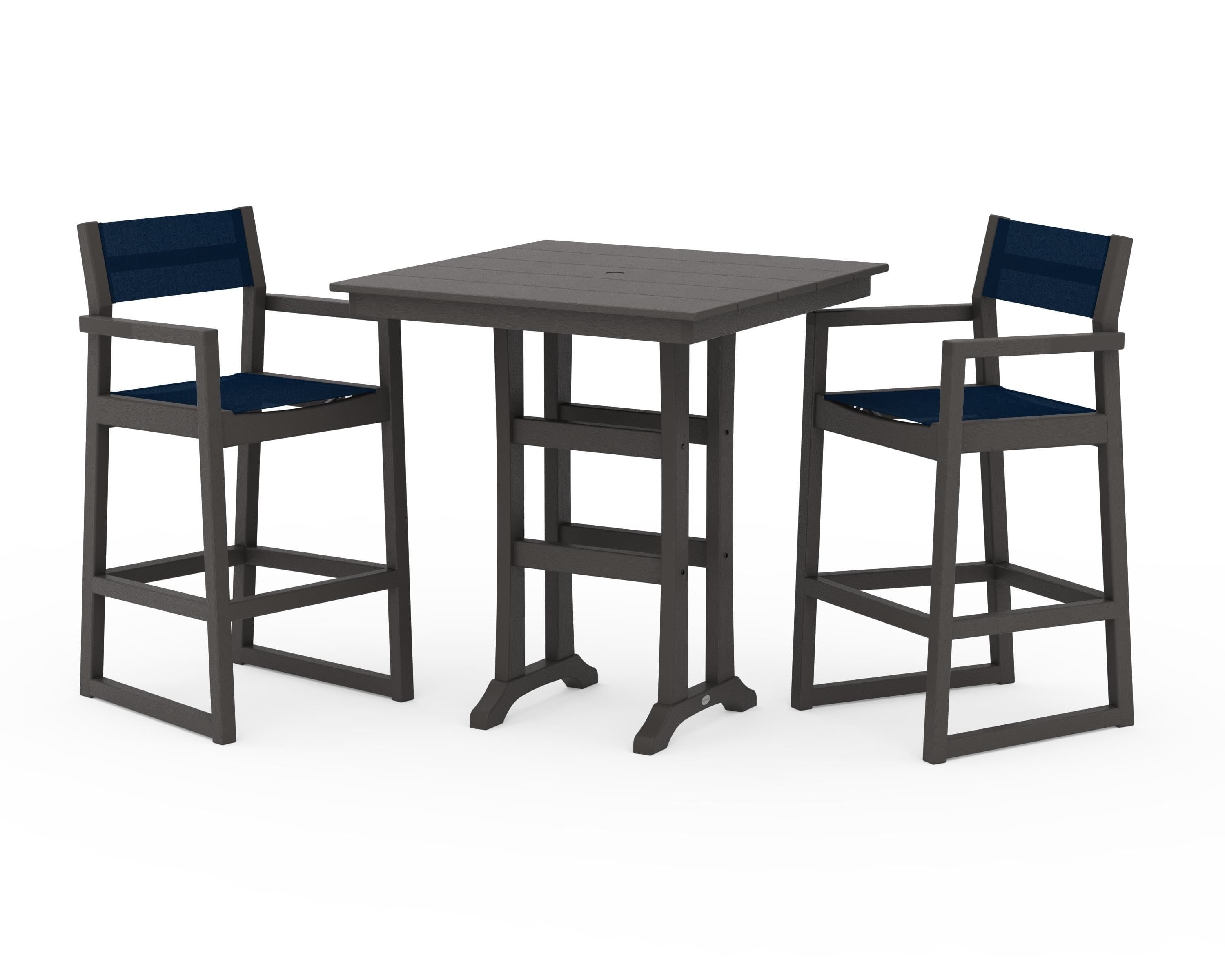 POLYWOOD EDGE Sling Arm Chair 3-Piece Farmhouse Bar Set with Trestle Legs in Vintage Coffee / Navy Blue Sling
