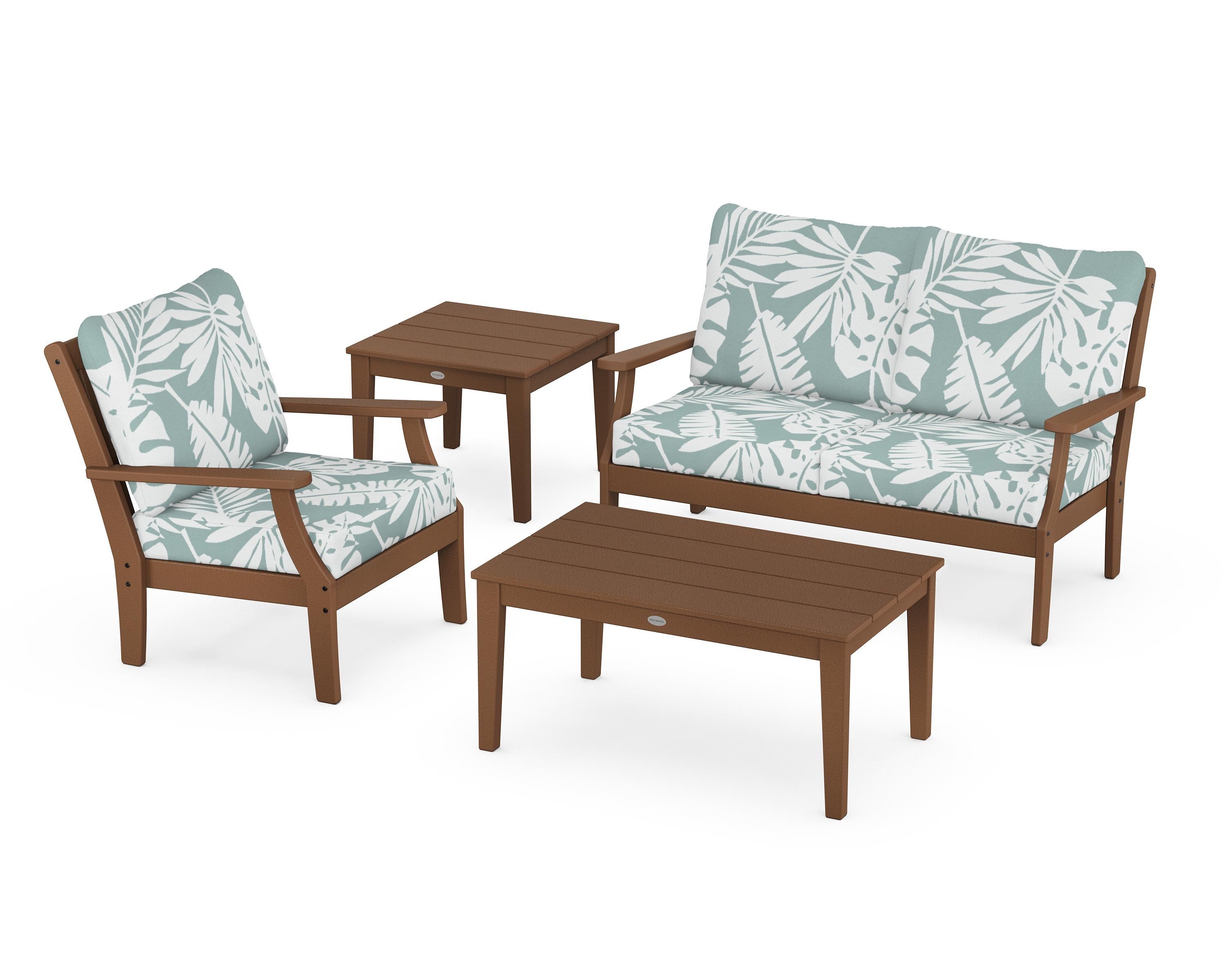 POLYWOOD Braxton 4-Piece Deep Seating Set in Teak / Leaf Glacier Spa