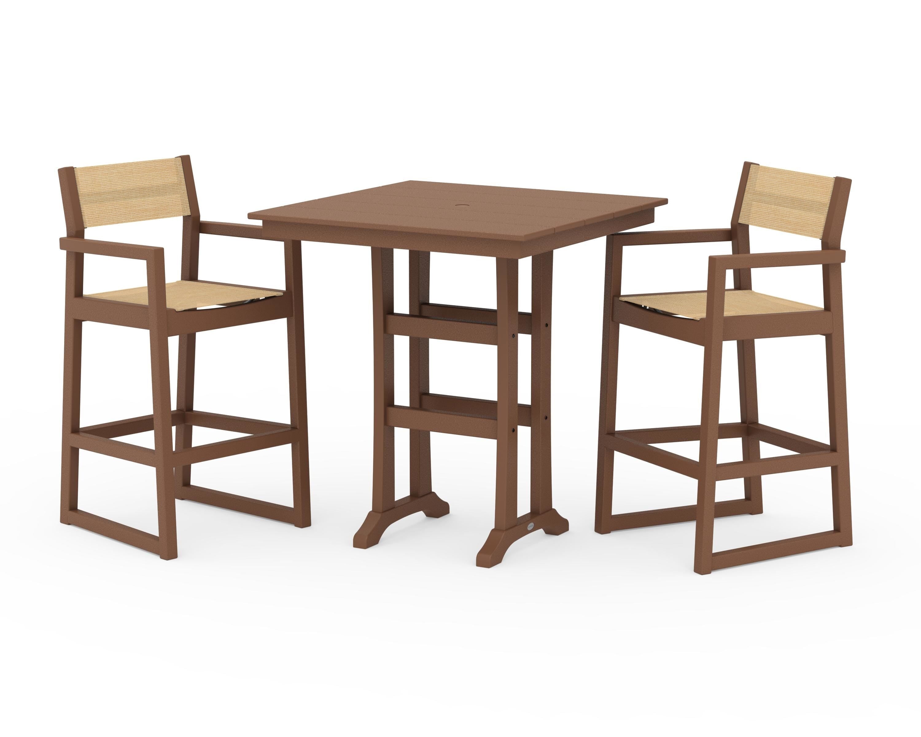 POLYWOOD EDGE Sling Arm Chair 3-Piece Farmhouse Bar Set with Trestle Legs in Teak / Dupioni Apricot Sling