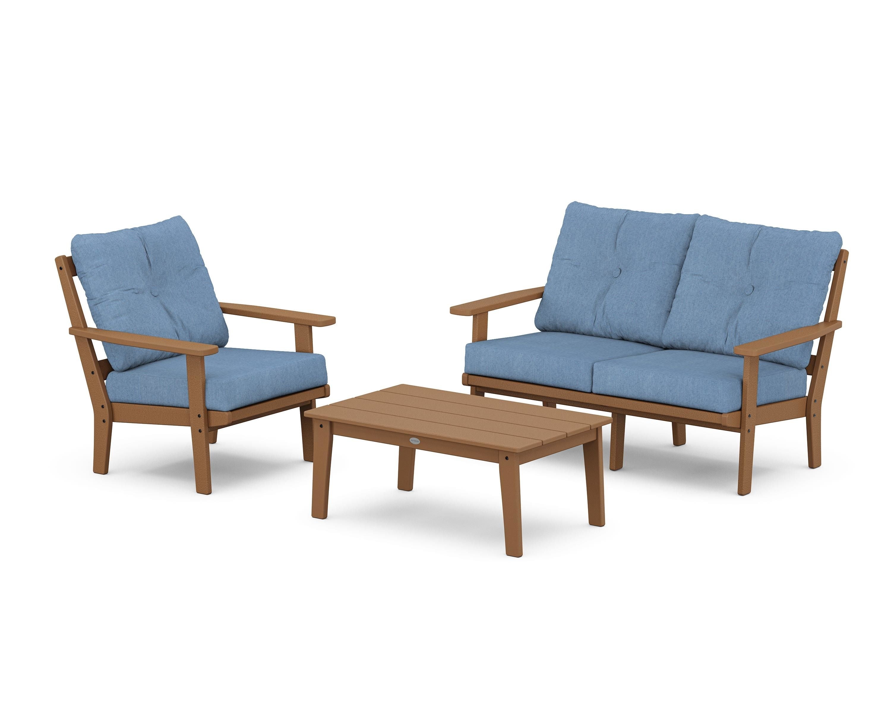 POLYWOOD Oxford 3-Piece Deep Seating Set with Loveseat in Teak / Sky Blue