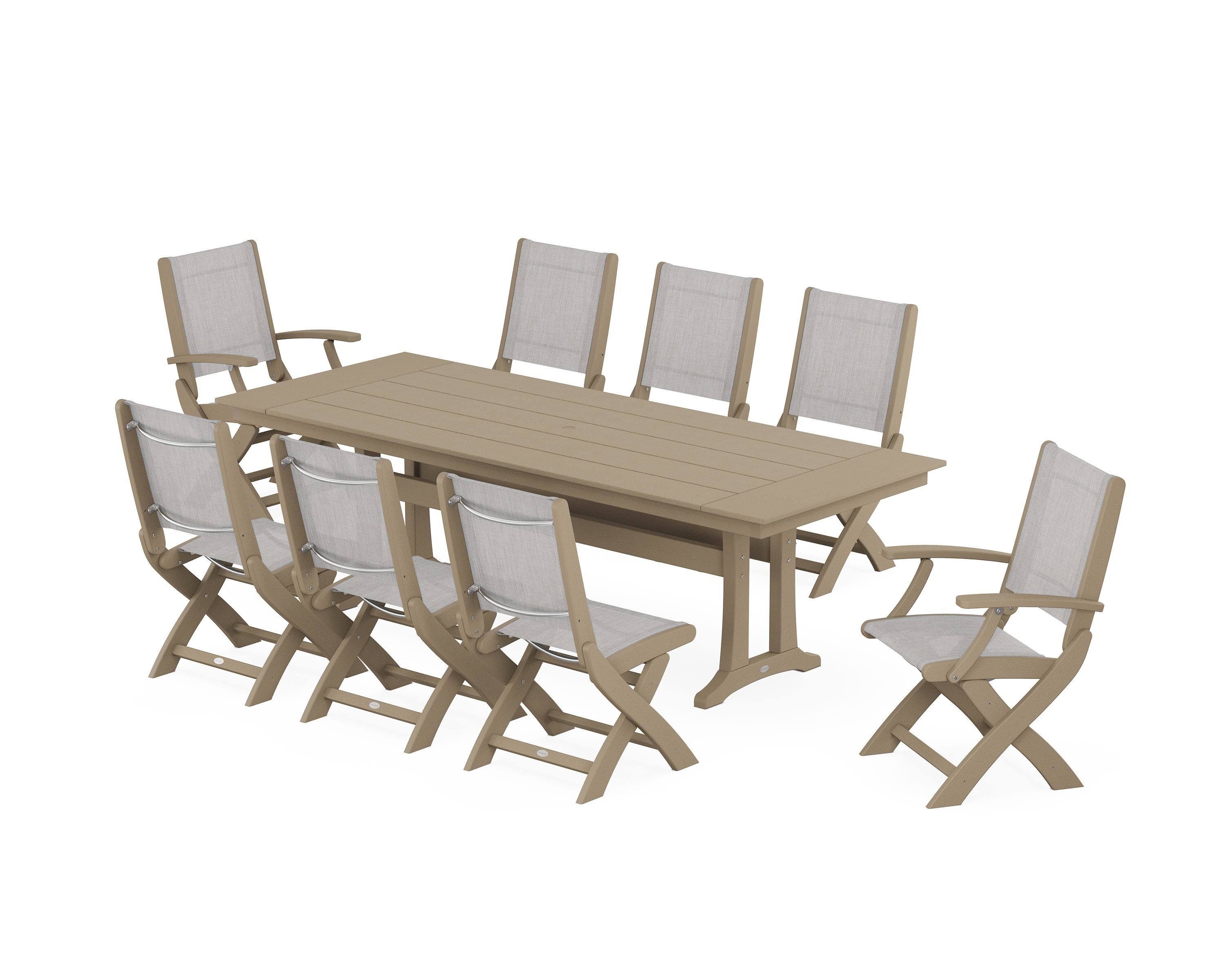 POLYWOOD Coastal 9-Piece Folding Dining Chair Farmhouse Dining Set with Trestle Legs in Vintage Sahara / Parchment Sling