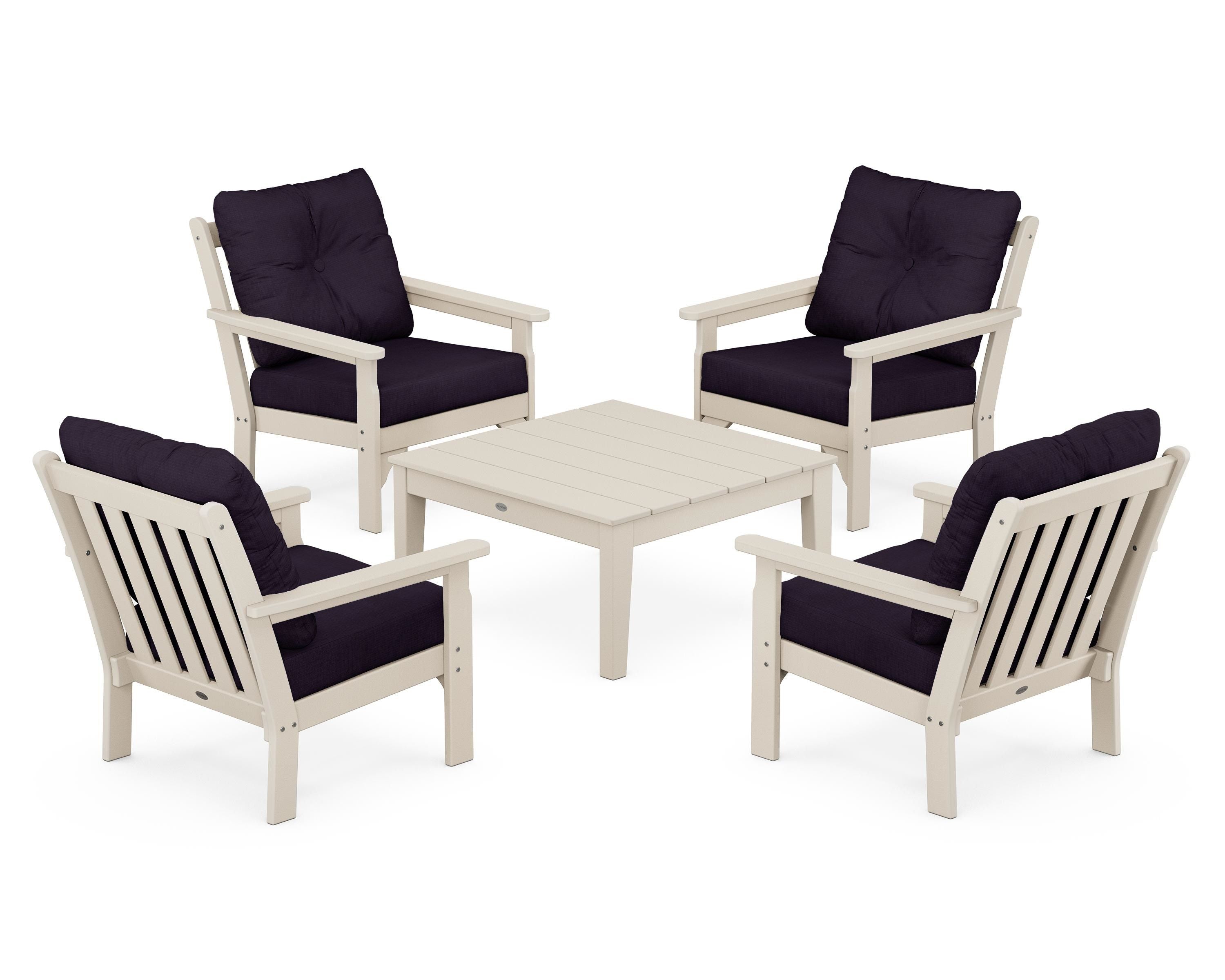 POLYWOOD Vineyard 5-Piece Deep Seating Conversation Set in Sand / Navy Linen