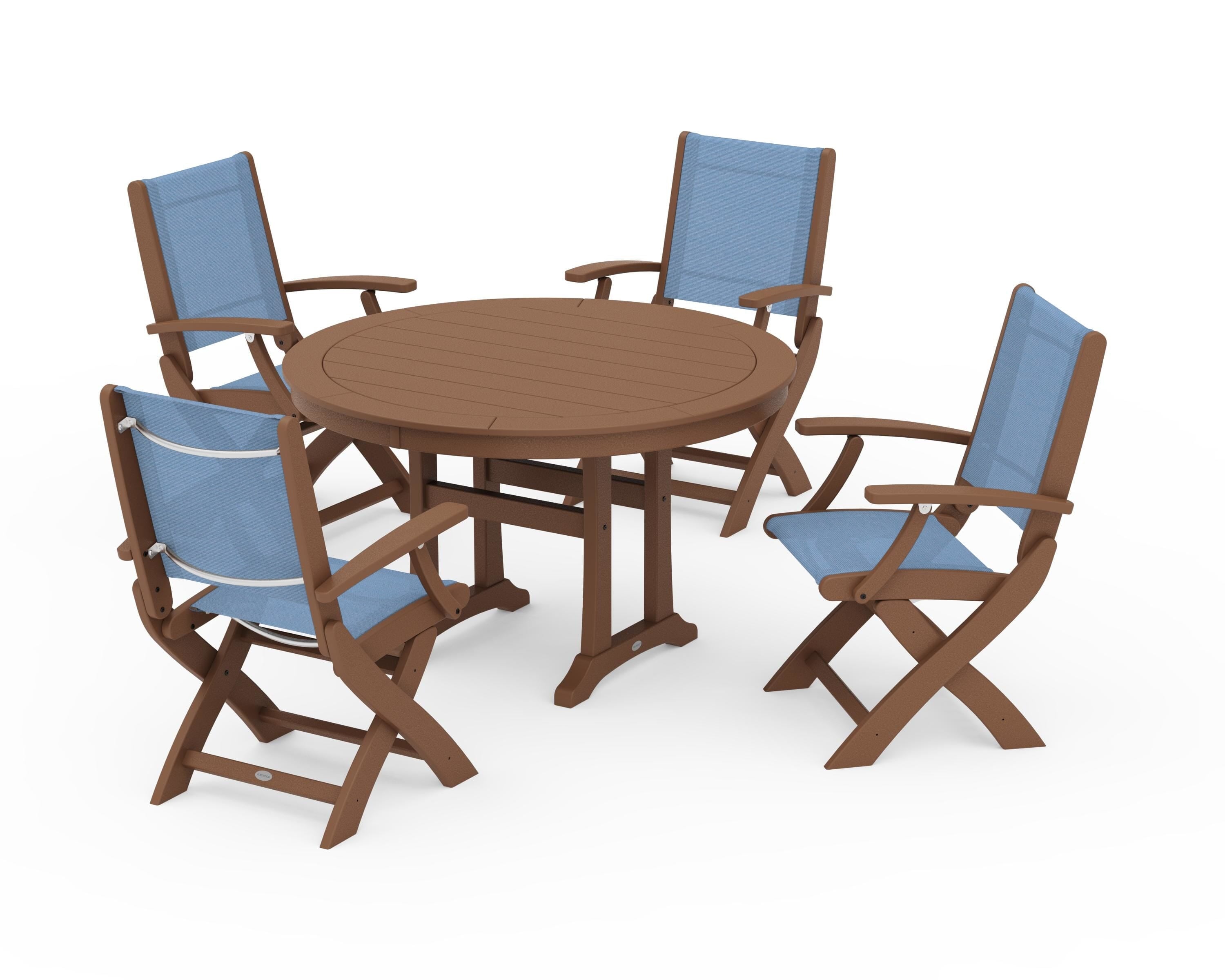 POLYWOOD Coastal Folding Chair 5-Piece Round Dining Set with Trestle Legs in Teak / Poolside Sling