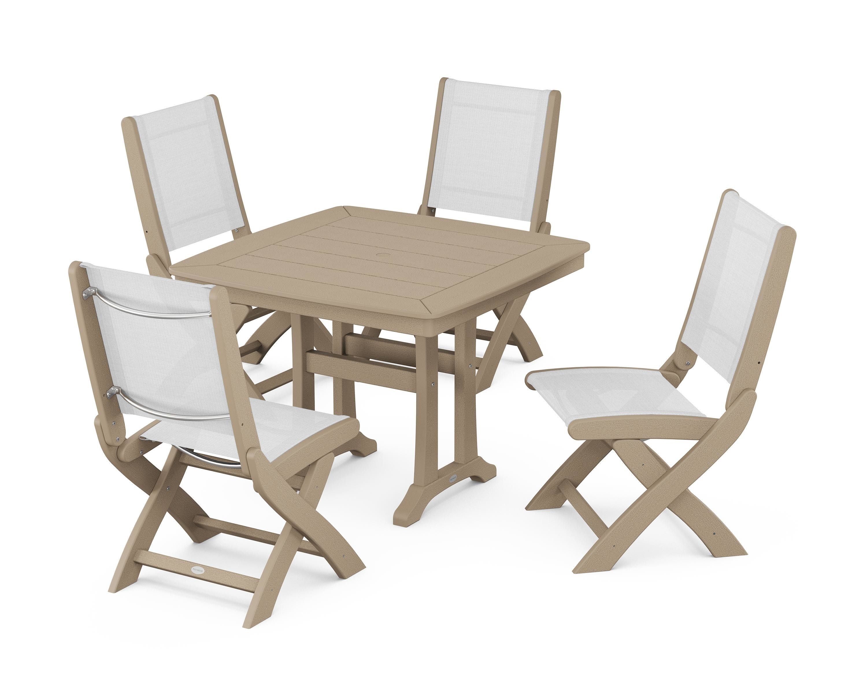 POLYWOOD Coastal Folding Side Chair 5-Piece Dining Set with Trestle Legs in Vintage Sahara / White Sling