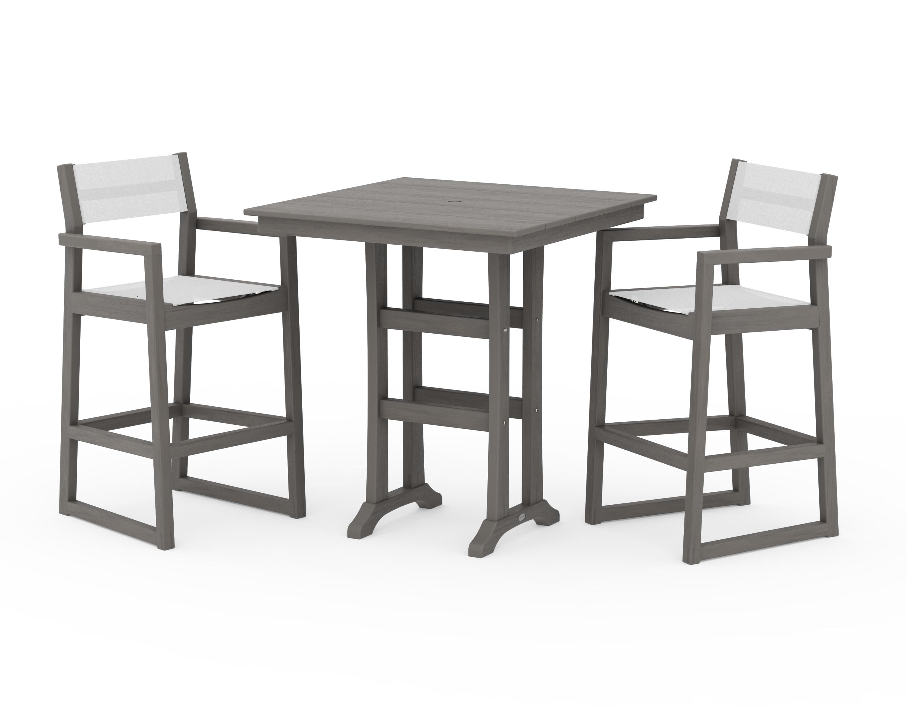 POLYWOOD EDGE Sling Arm Chair 3-Piece Farmhouse Bar Set with Trestle Legs in Driftwood / White Sling