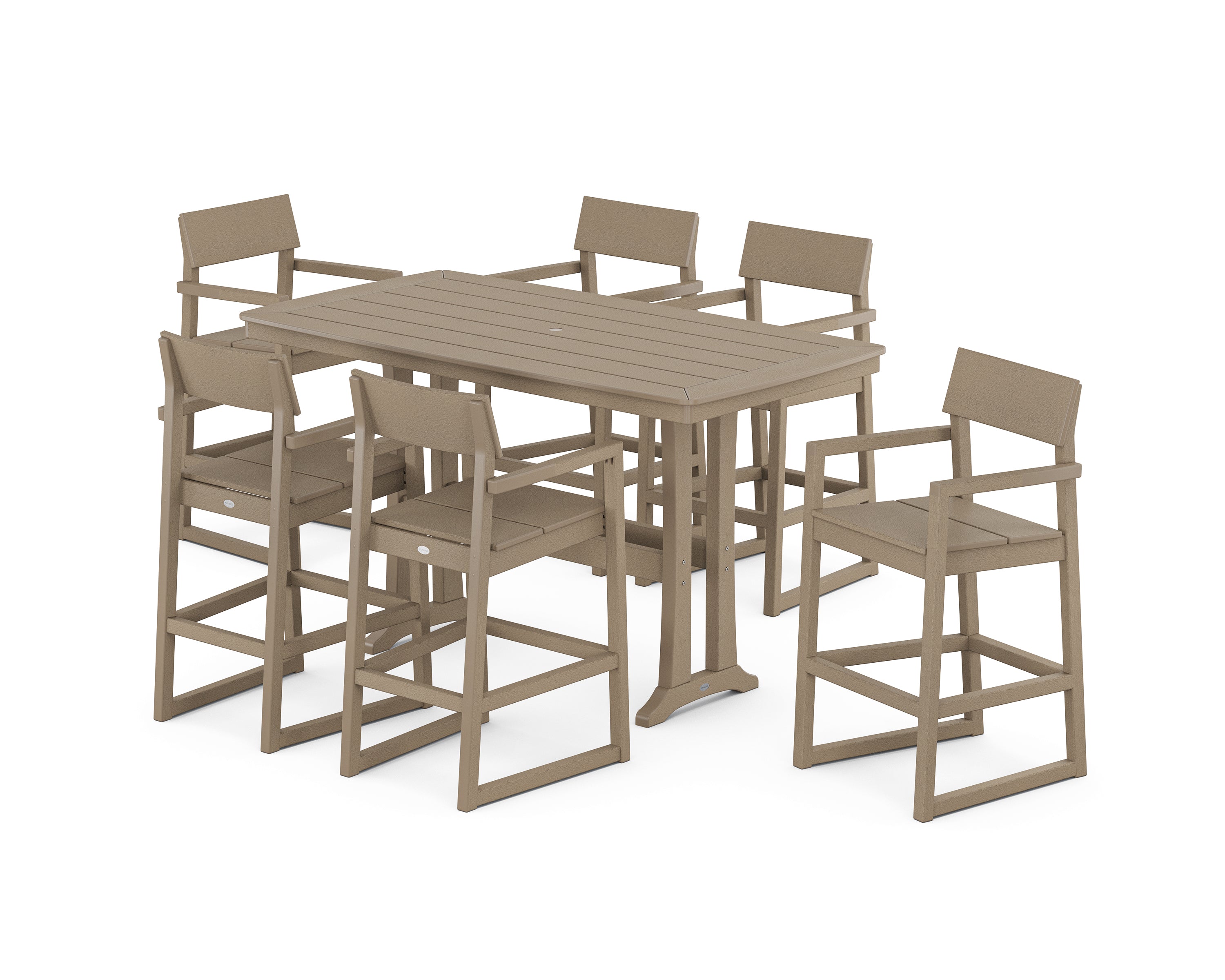 POLYWOOD® EDGE Arm Chair 7-Piece Bar Set with Trestle Legs in Vintage Sahara