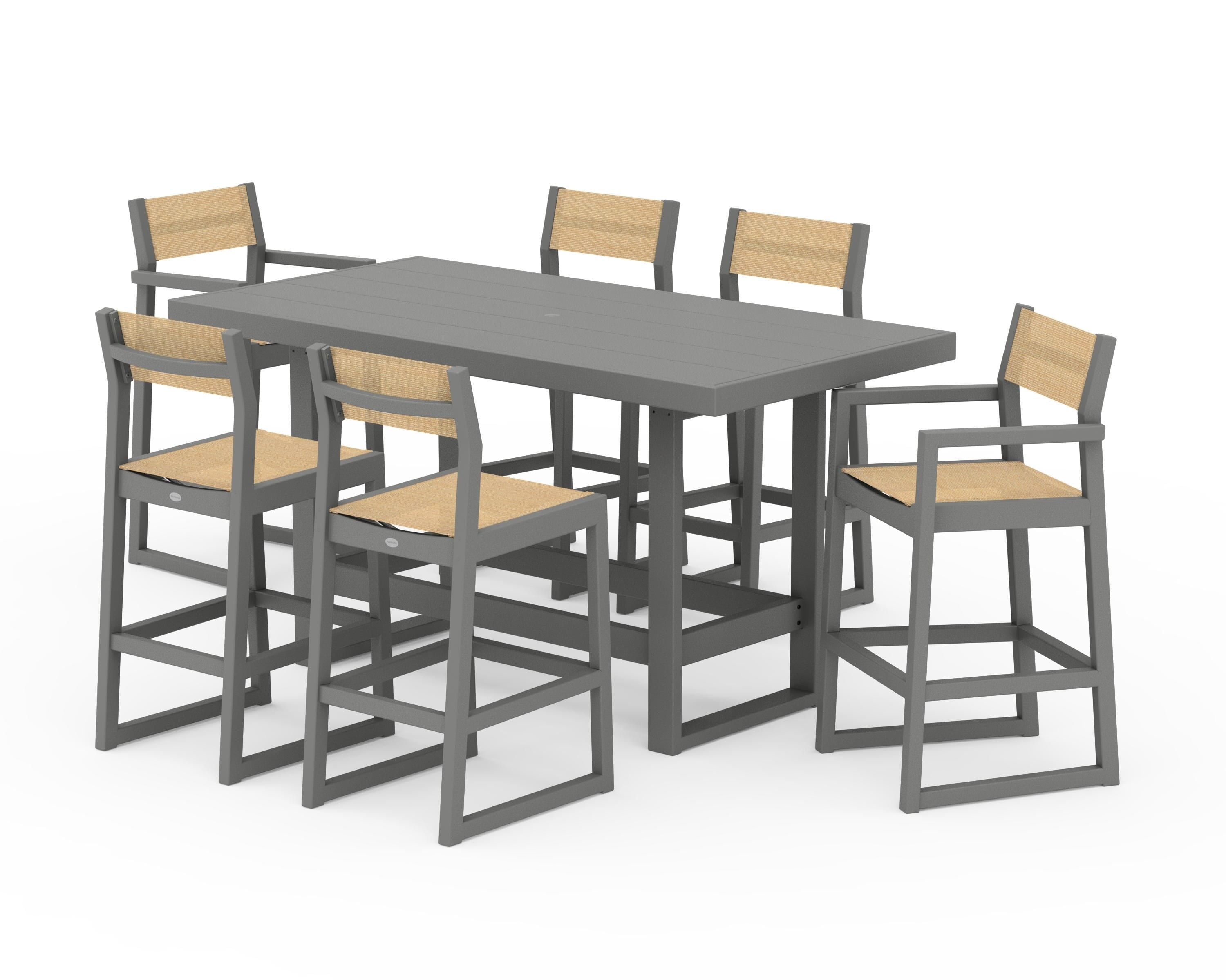 POLYWOOD EDGE Sling 7-Piece Bar Table Set in Slate Grey / Dupioni Apricot Sling