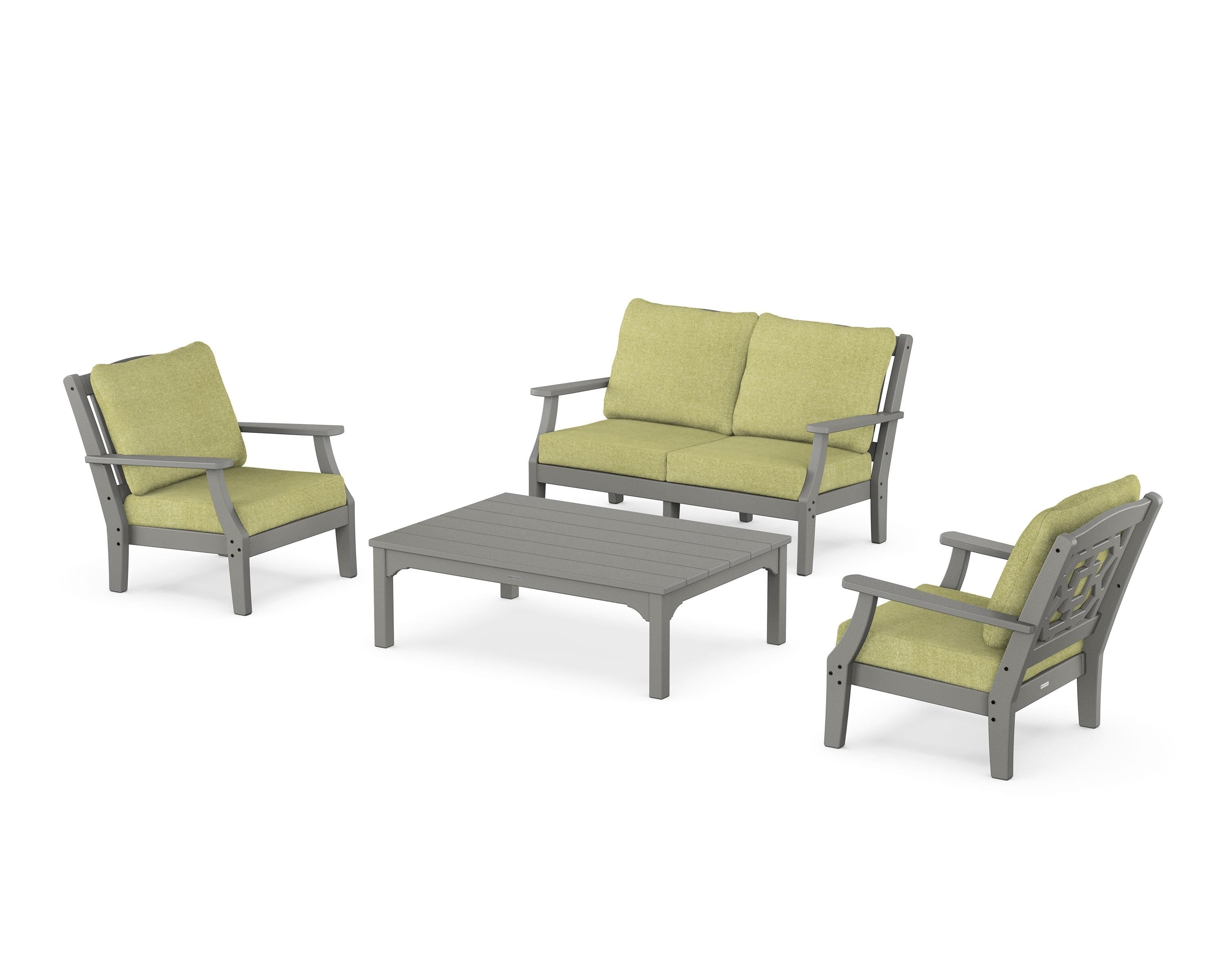 Martha Stewart by POLYWOOD Chinoiserie 4-Piece Deep Seating Set with Loveseat in Slate Grey / Chartreuse Boucle