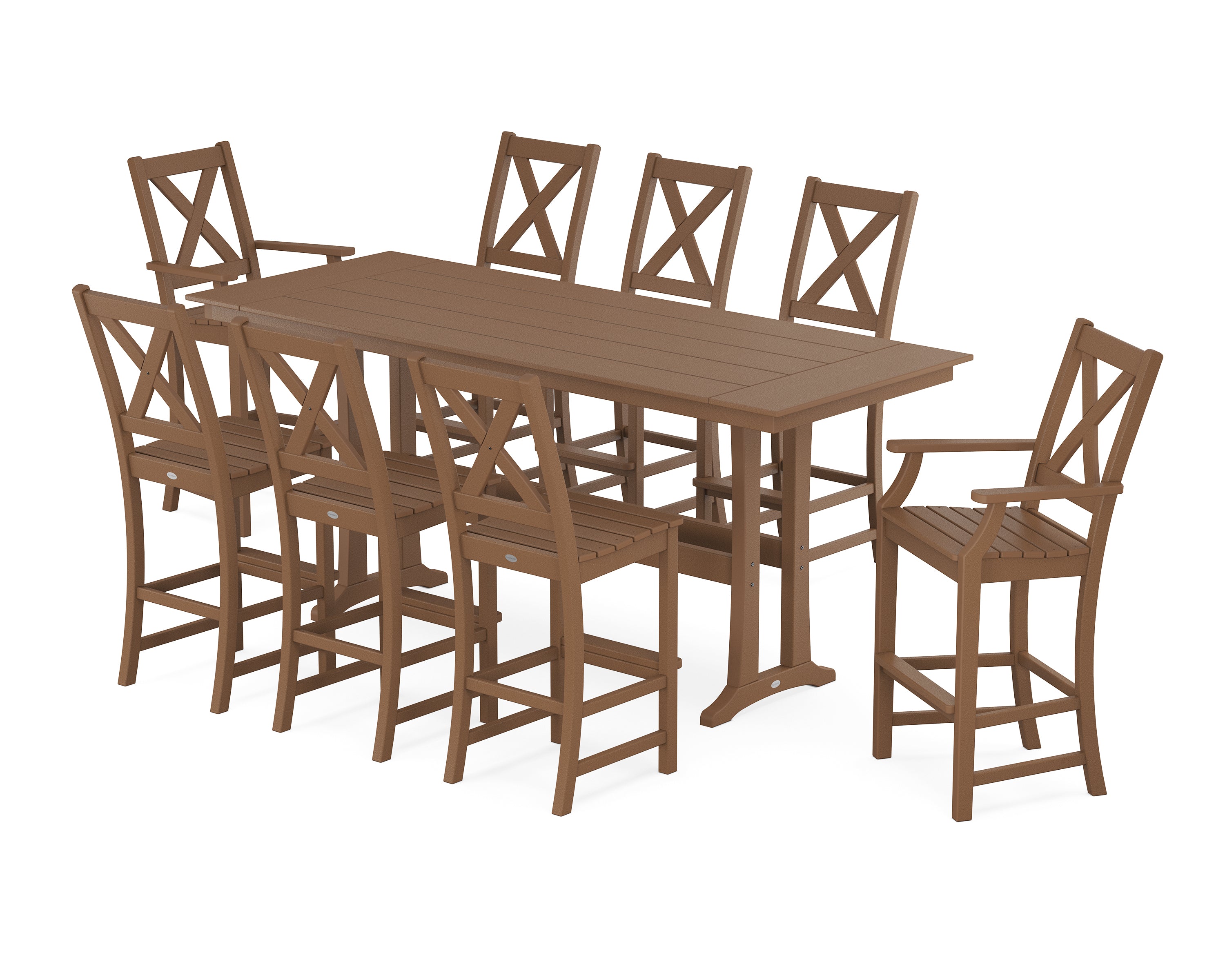 POLYWOOD Braxton 9-Piece Farmhouse Bar Set with Trestle Legs in Teak