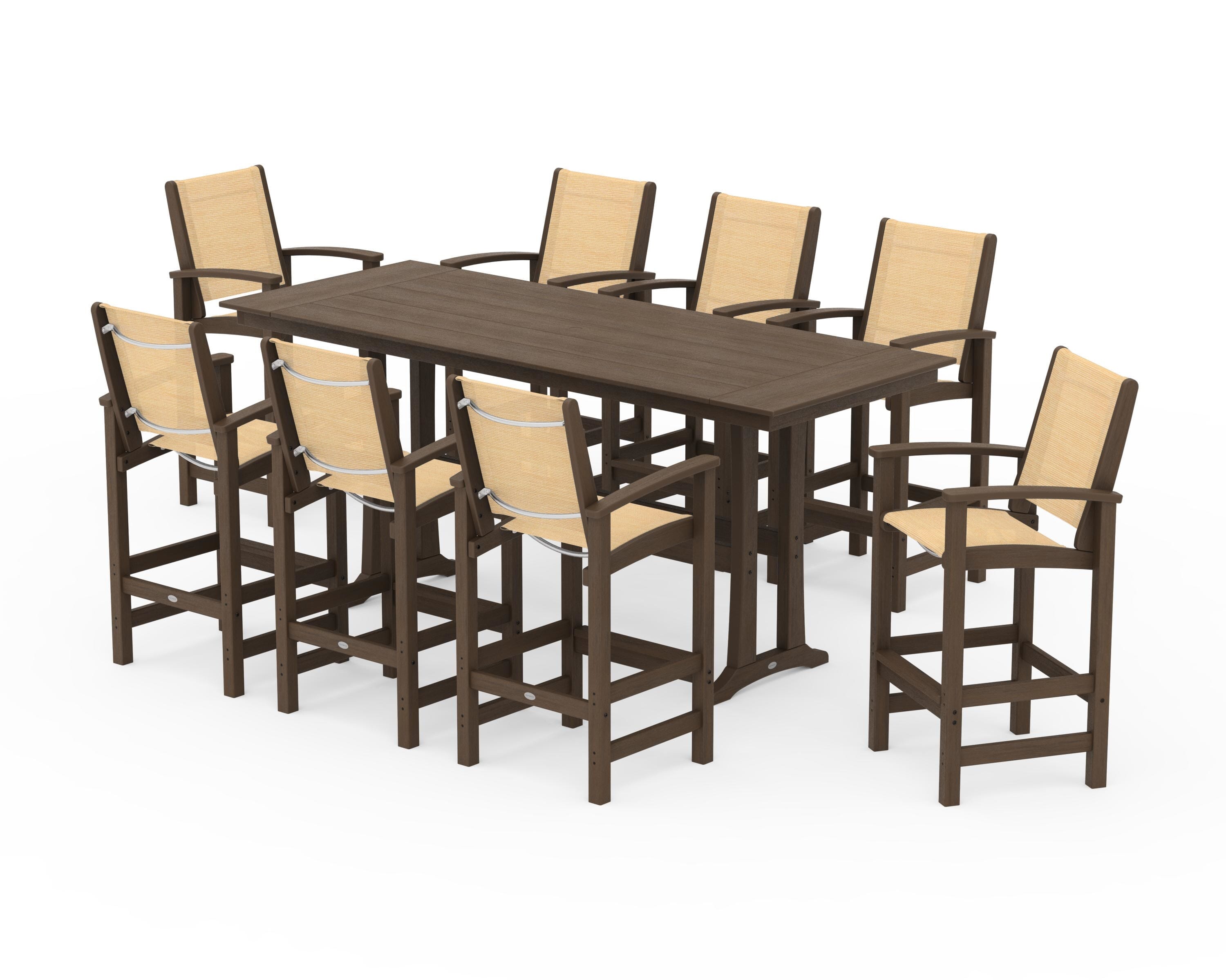 POLYWOOD Coastal 9-Piece Farmhouse Bar Set with Trestle Legs in Kona / Dupioni Apricot Sling