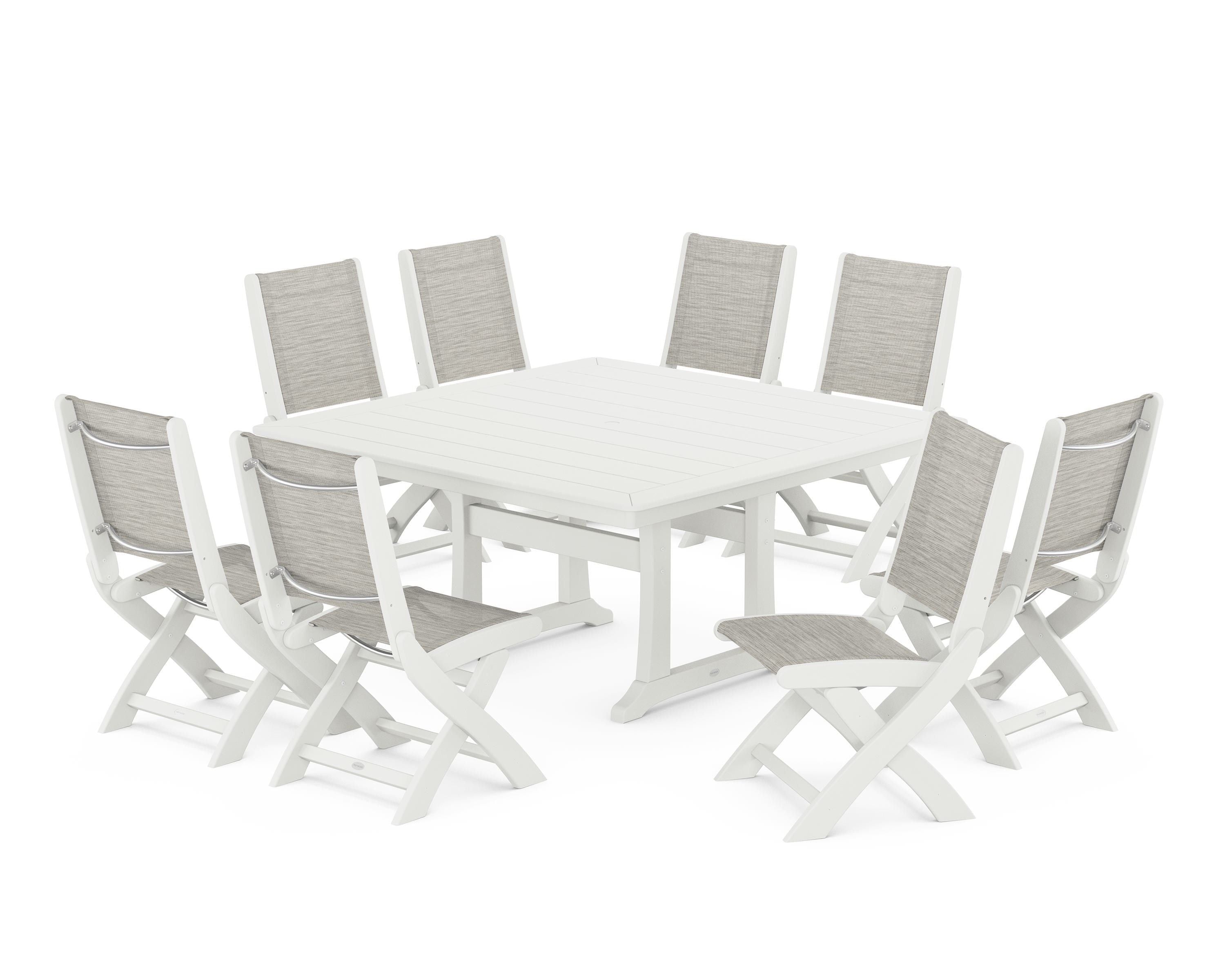POLYWOOD Coastal Folding Side Chair 9-Piece Dining Set with Trestle Legs in Vintage White / Birch Sling