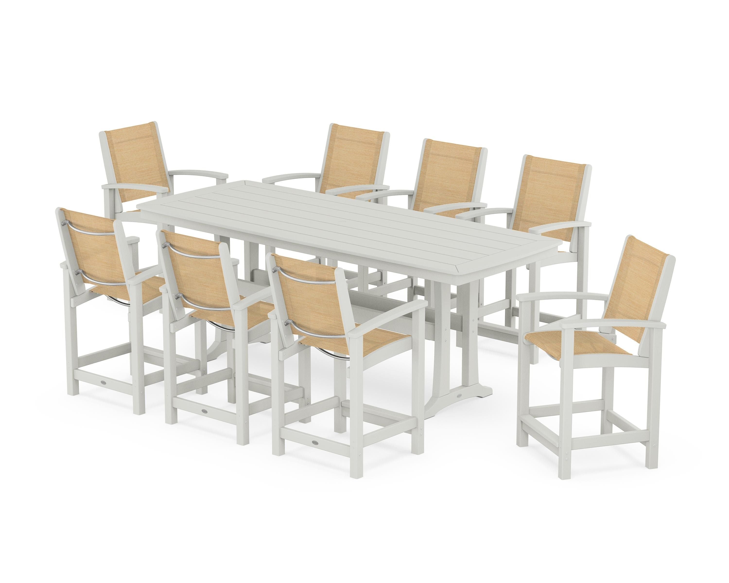 POLYWOOD Coastal 9-Piece Counter Set with Trestle Legs in Vintage White / Dupioni Apricot Sling