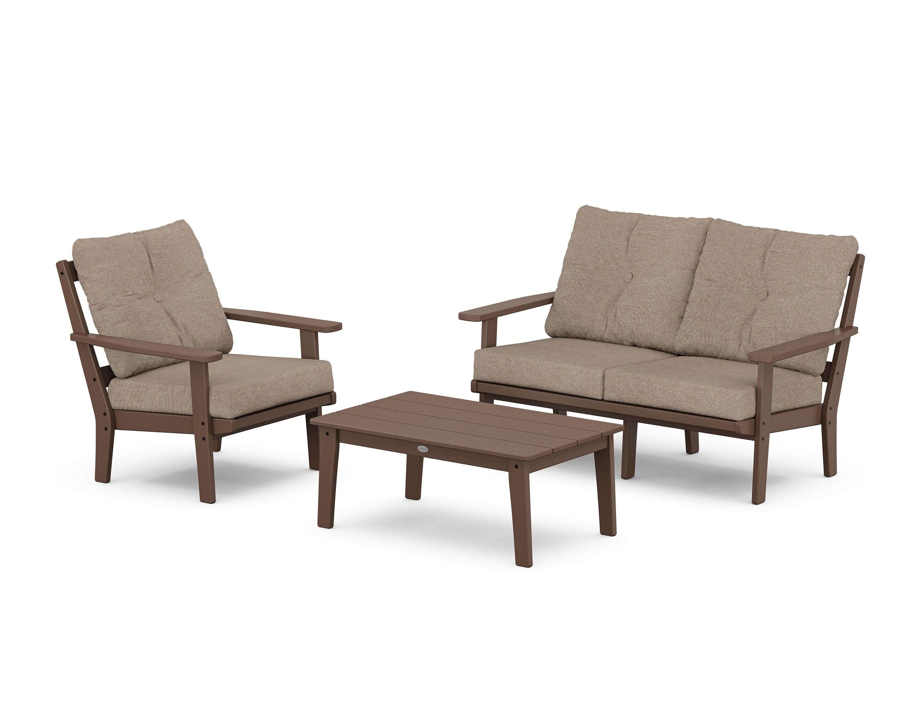 POLYWOOD Oxford 3-Piece Deep Seating Set with Loveseat in Mahogany / Spiced Burlap