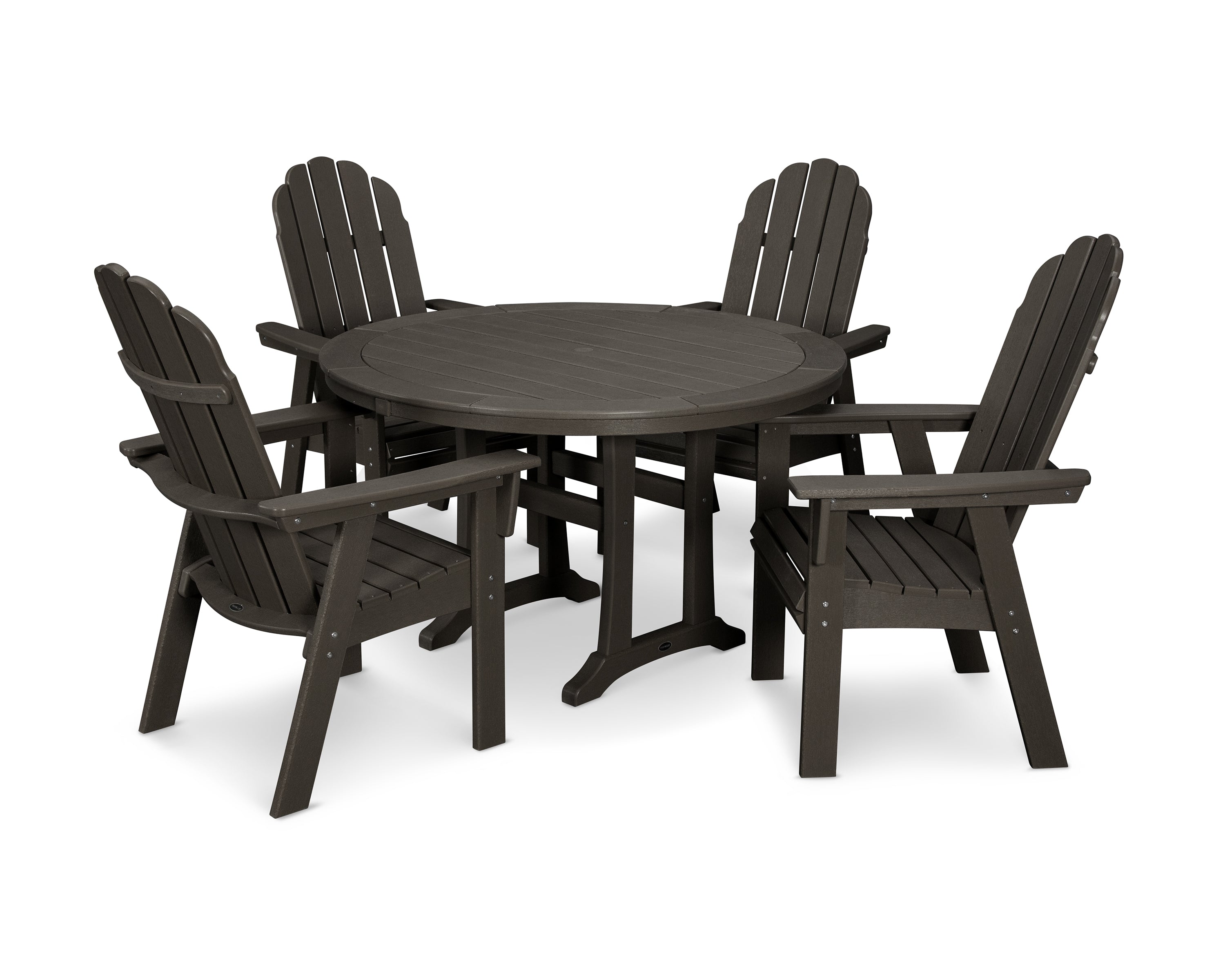 POLYWOOD® Vineyard Curveback Adirondack 5-Piece Nautical Trestle Dining Set in Vintage Coffee