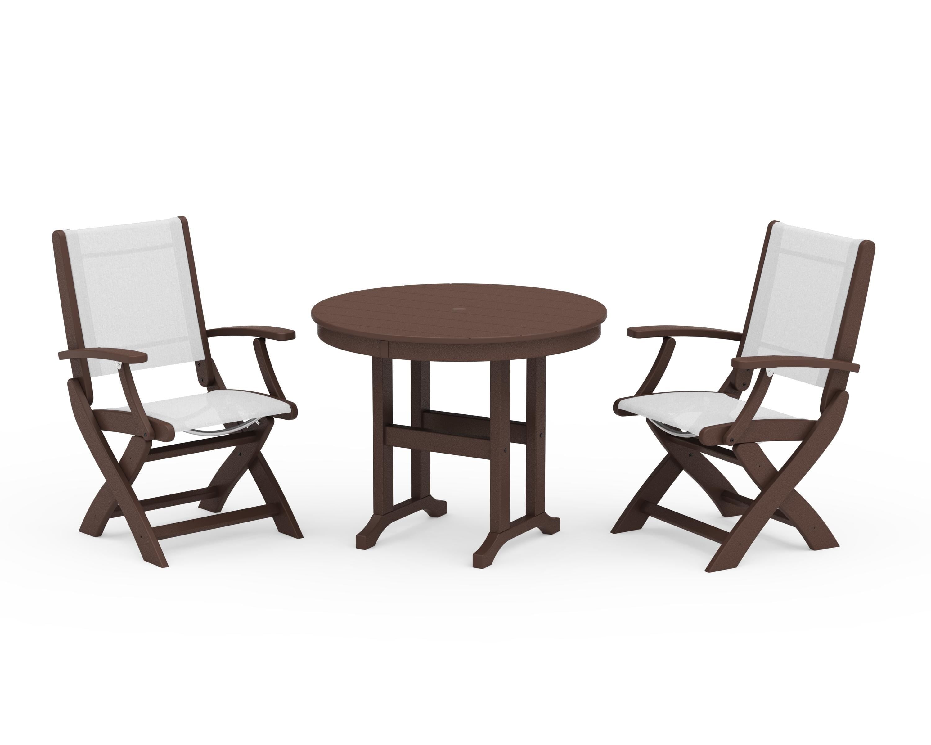 POLYWOOD Coastal Folding Chair 3-Piece Round Dining Set in Mahogany / White Sling