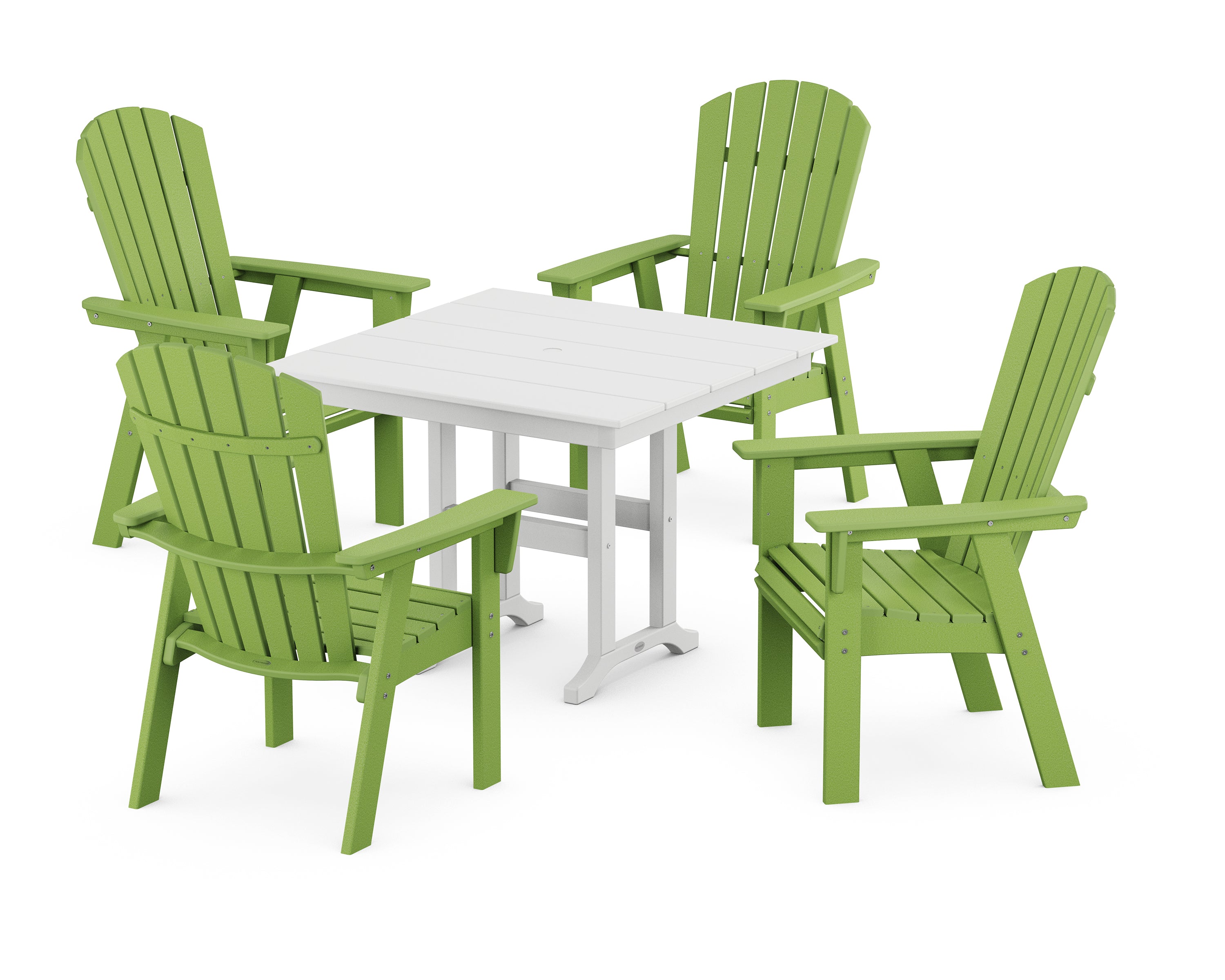 POLYWOOD® Nautical Curveback Adirondack 5-Piece Farmhouse Dining Set in Lime / White