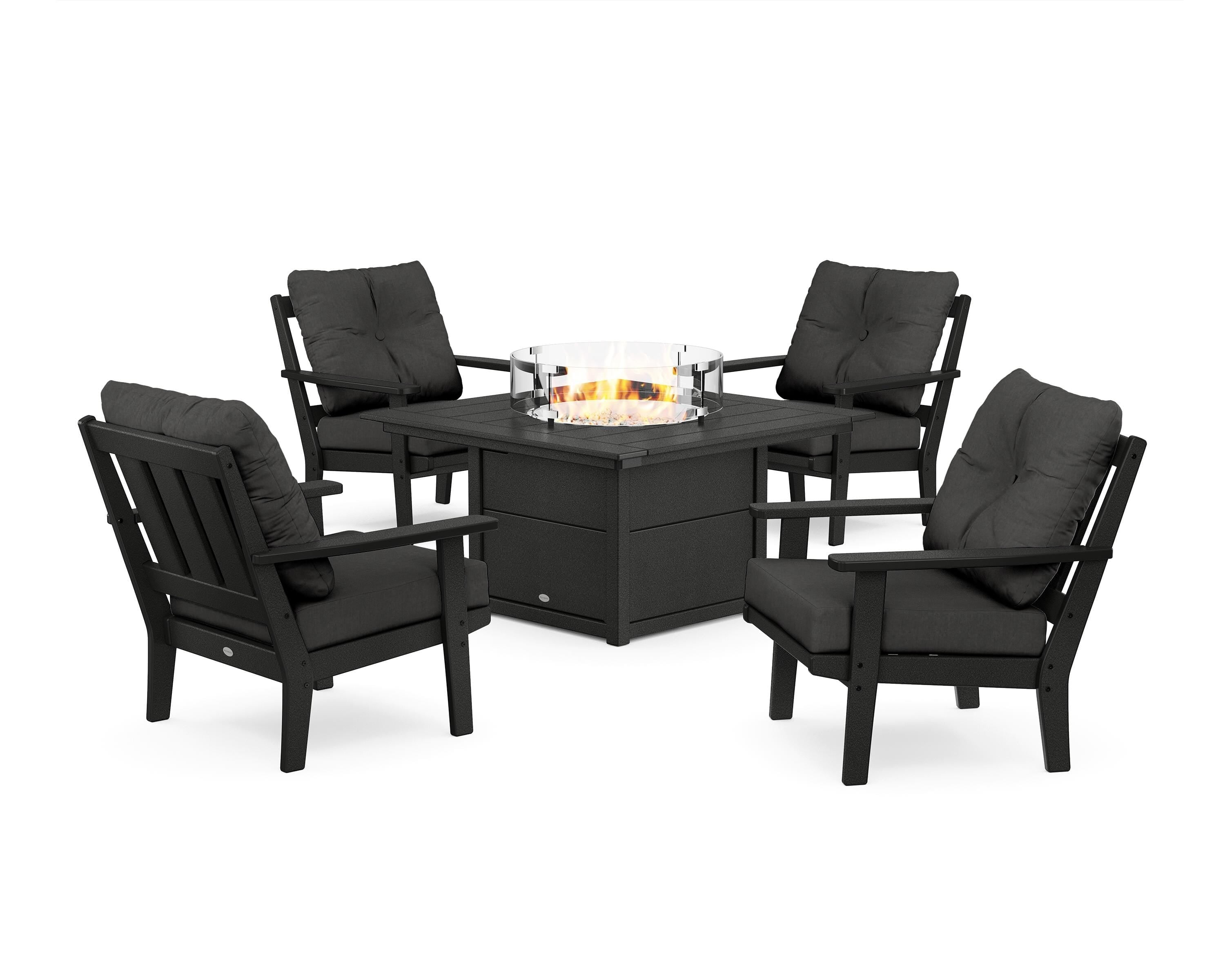 POLYWOOD Oxford 5-Piece Deep Seating Set with Fire Pit Table in Black / Spectrum Carbon