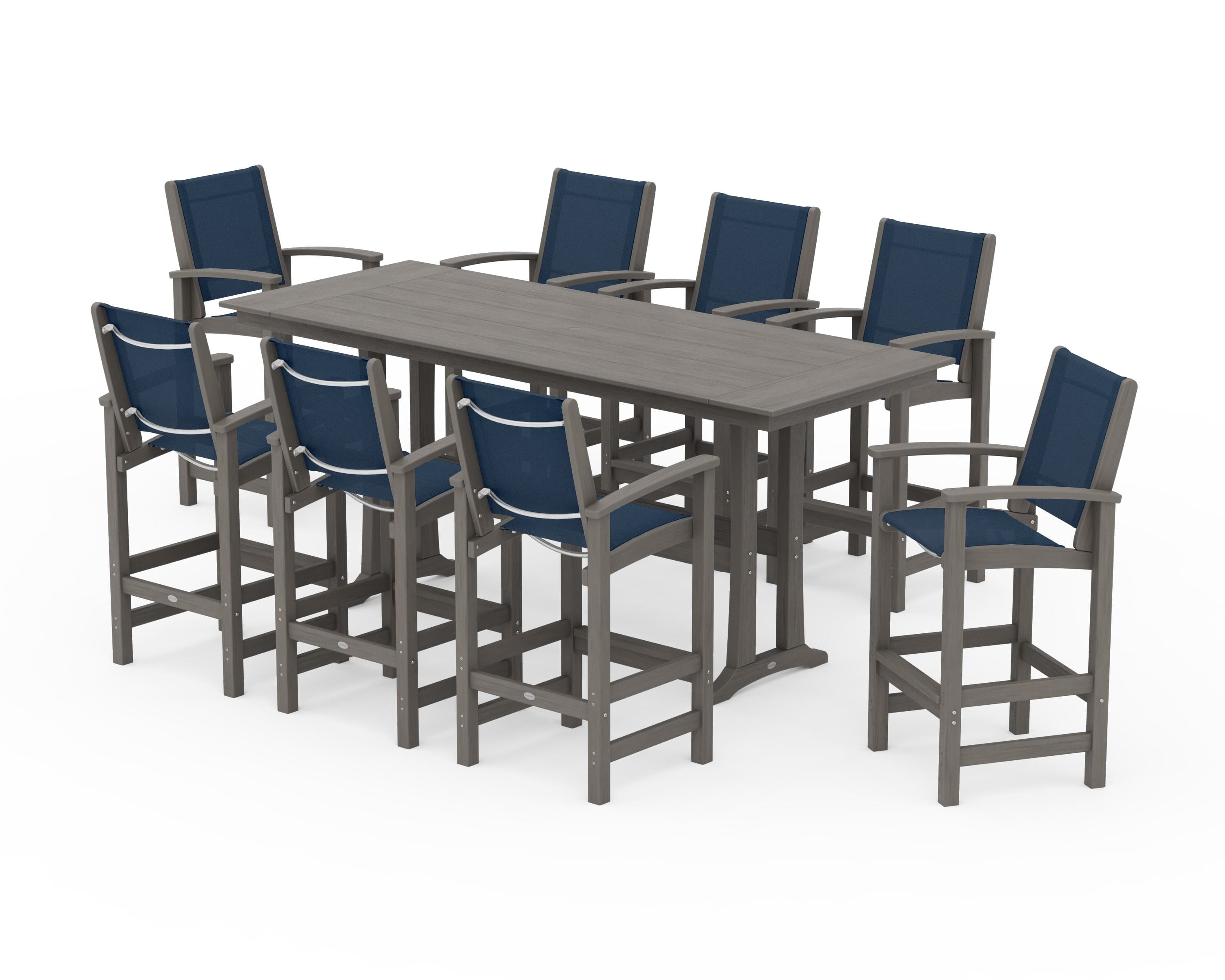 POLYWOOD Coastal 9-Piece Farmhouse Bar Set with Trestle Legs in Driftwood / Navy Blue Sling