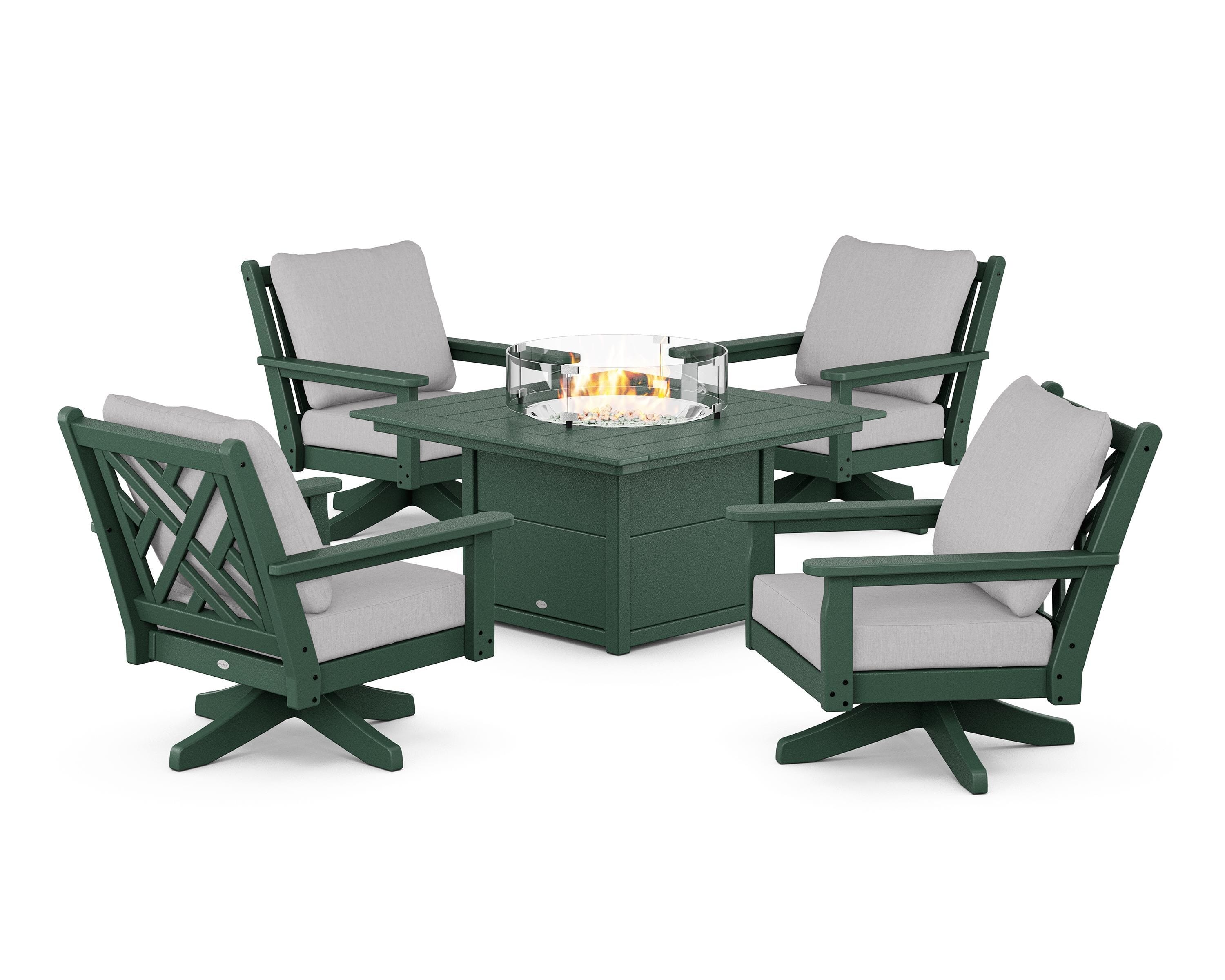 POLYWOOD Chippendale 5-Piece Deep Seating Swivel Conversation Set with Fire Pit Table in Green / Granite
