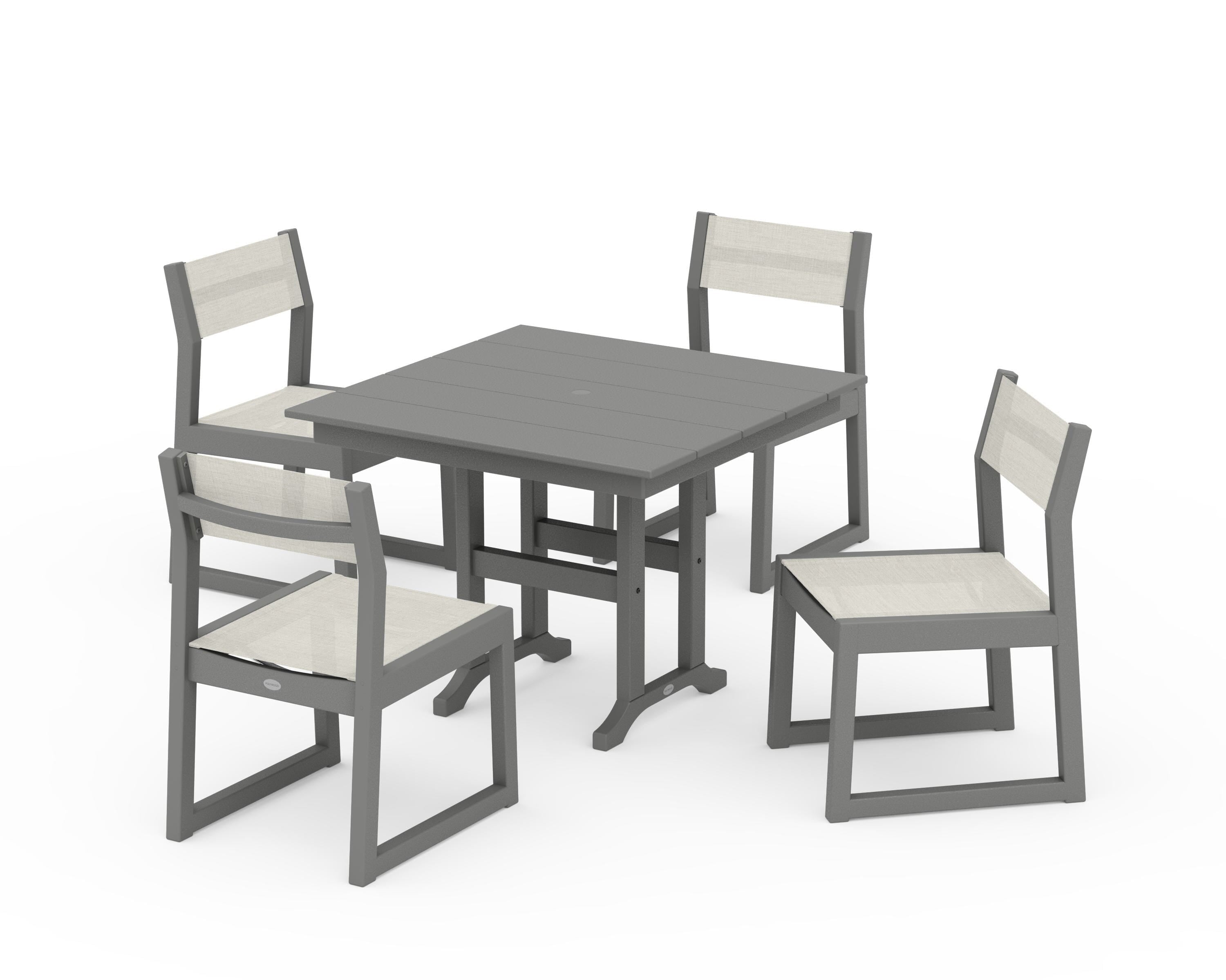 POLYWOOD EDGE Sling Side Chair 5-Piece Farmhouse Dining Set in Slate Grey / Parchment Sling