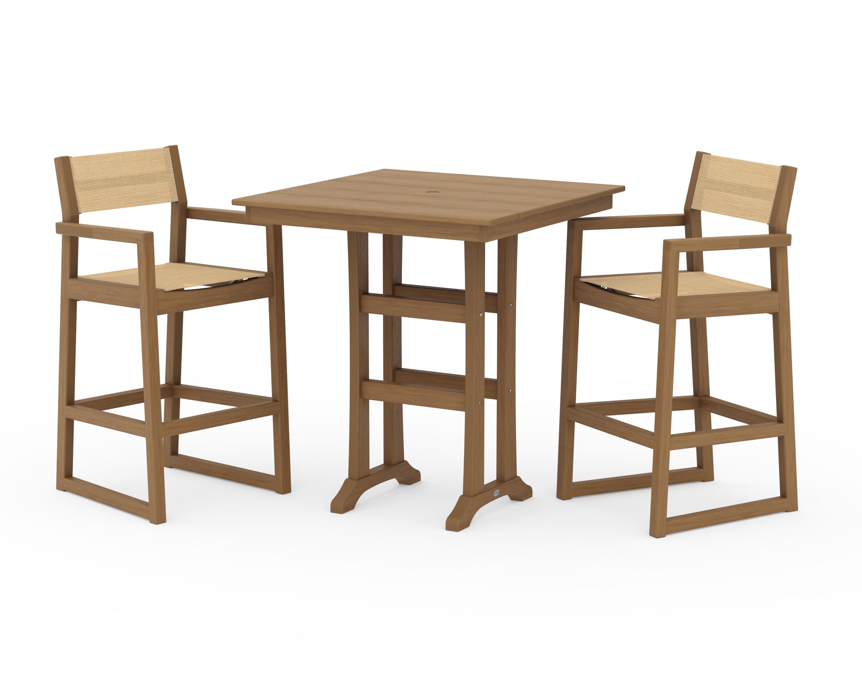 POLYWOOD EDGE Sling Arm Chair 3-Piece Farmhouse Bar Set with Trestle Legs in Natural / Dupioni Apricot Sling