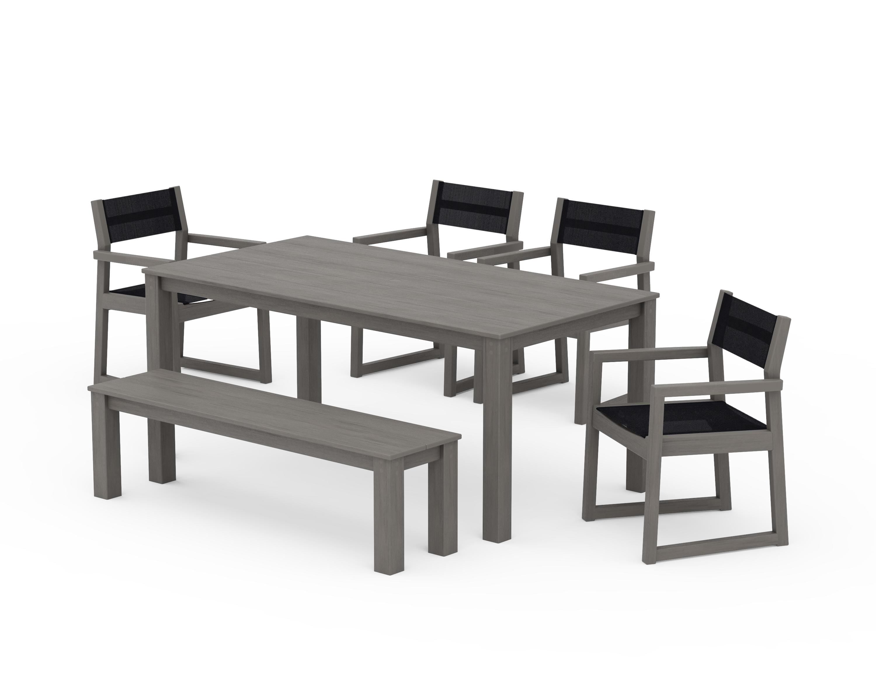 POLYWOOD EDGE Sling Arm Chair 6-Piece Parsons Dining Set with Bench in Driftwood / Black Sling