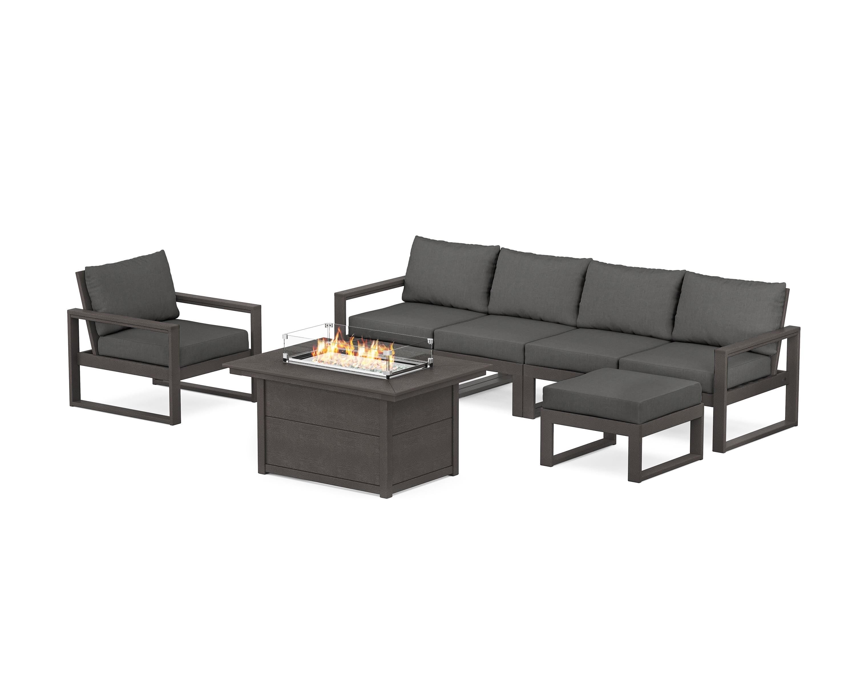 POLYWOOD EDGE Sectional Lounge and Fire Pit Set in Vintage Coffee / Spectrum Carbon