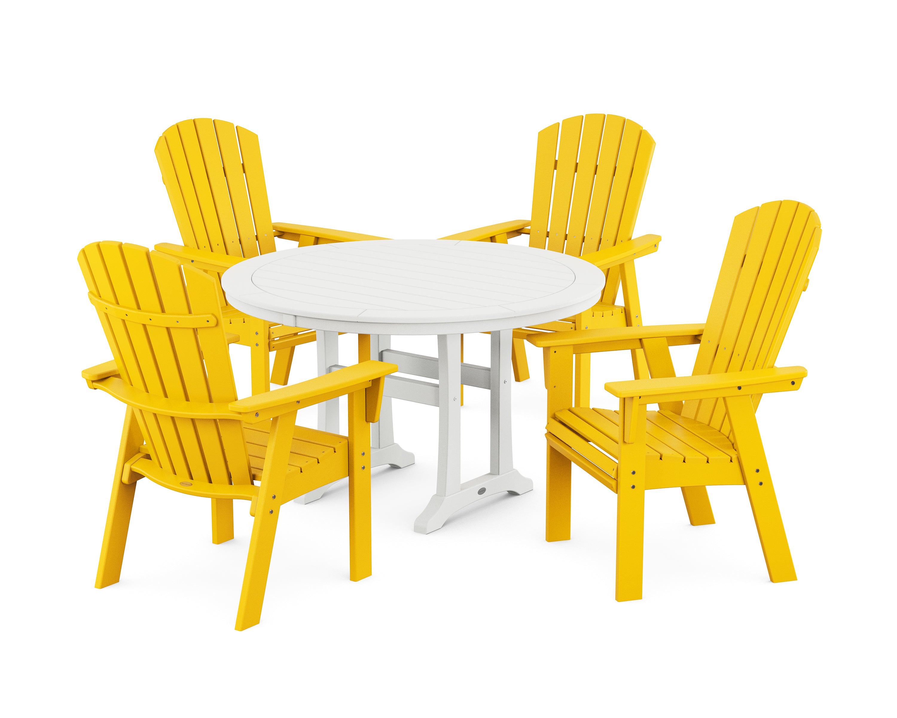 POLYWOOD® Nautical Curveback Adirondack 5-Piece Round Dining Set with Trestle Legs in Lemon / White