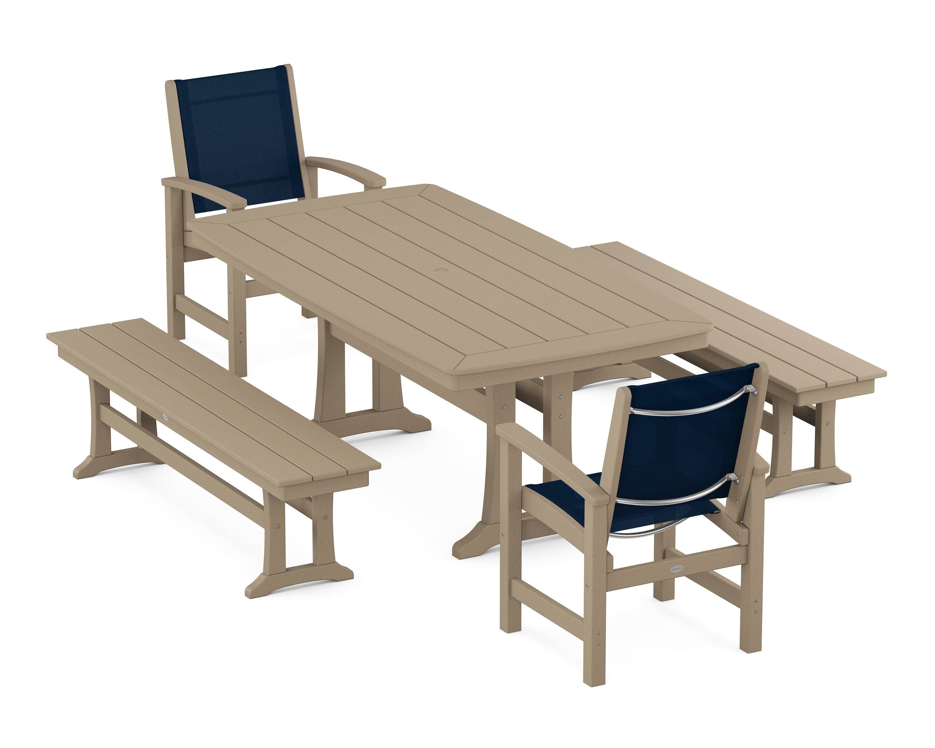 POLYWOOD Coastal 5-Piece Dining Set with Trestle Legs and Benches in Vintage Sahara / Navy Blue Sling