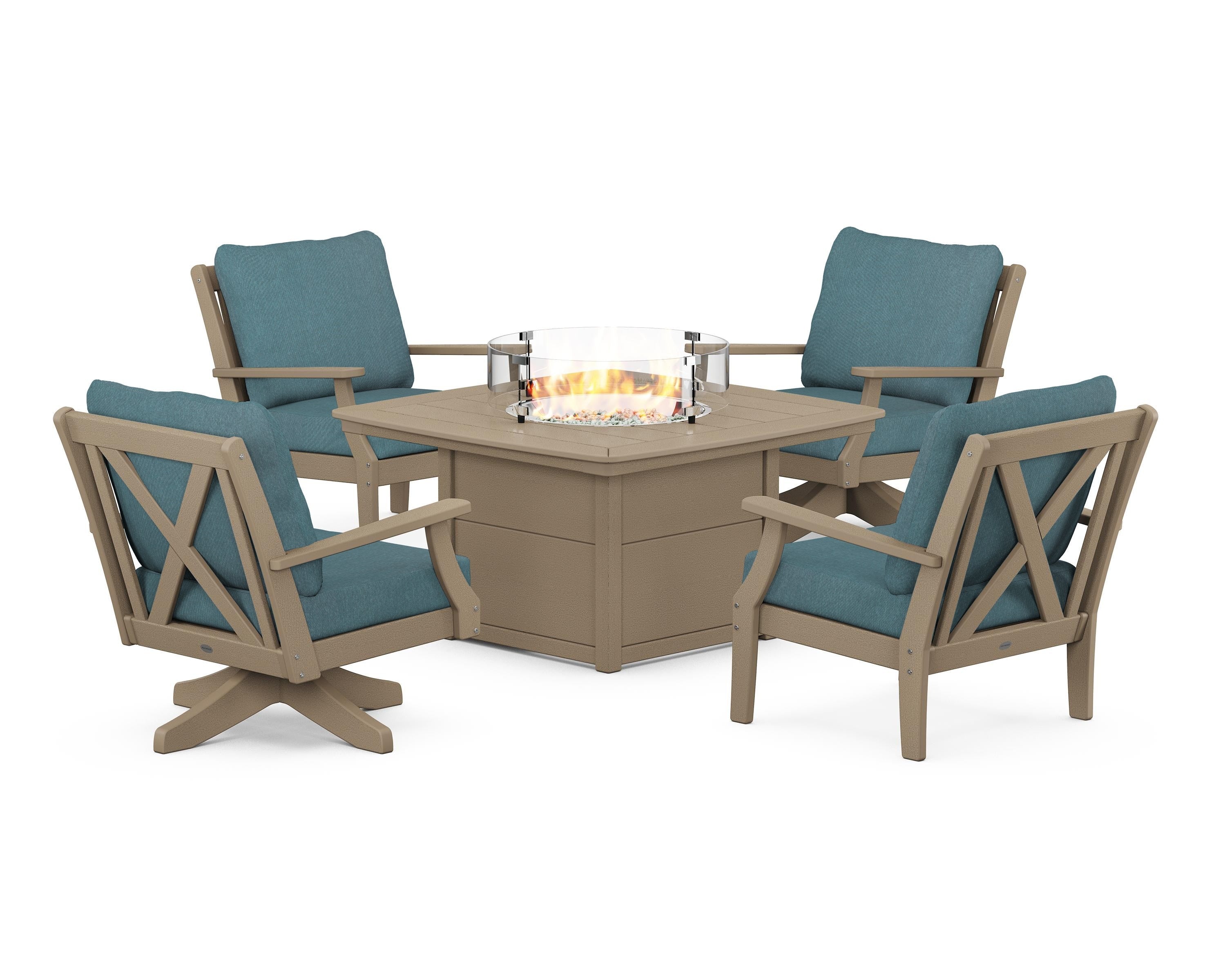 POLYWOOD Braxton 5-Piece Deep Seating Set with Fire Table in Vintage Sahara / Ocean Teal
