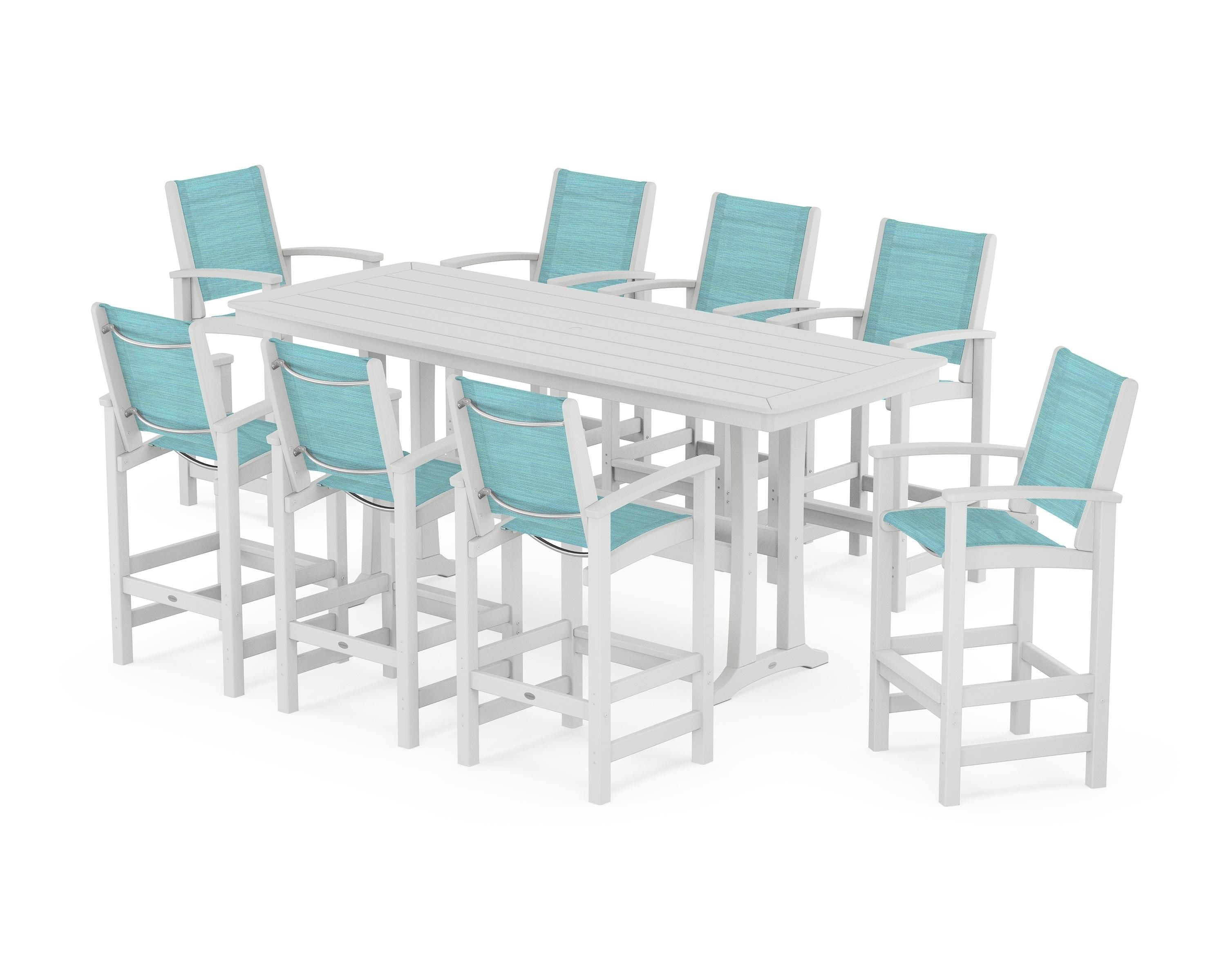 POLYWOOD Coastal 9-Piece Bar Set with Trestle Legs in White / Dupioni Aquamarine Sling