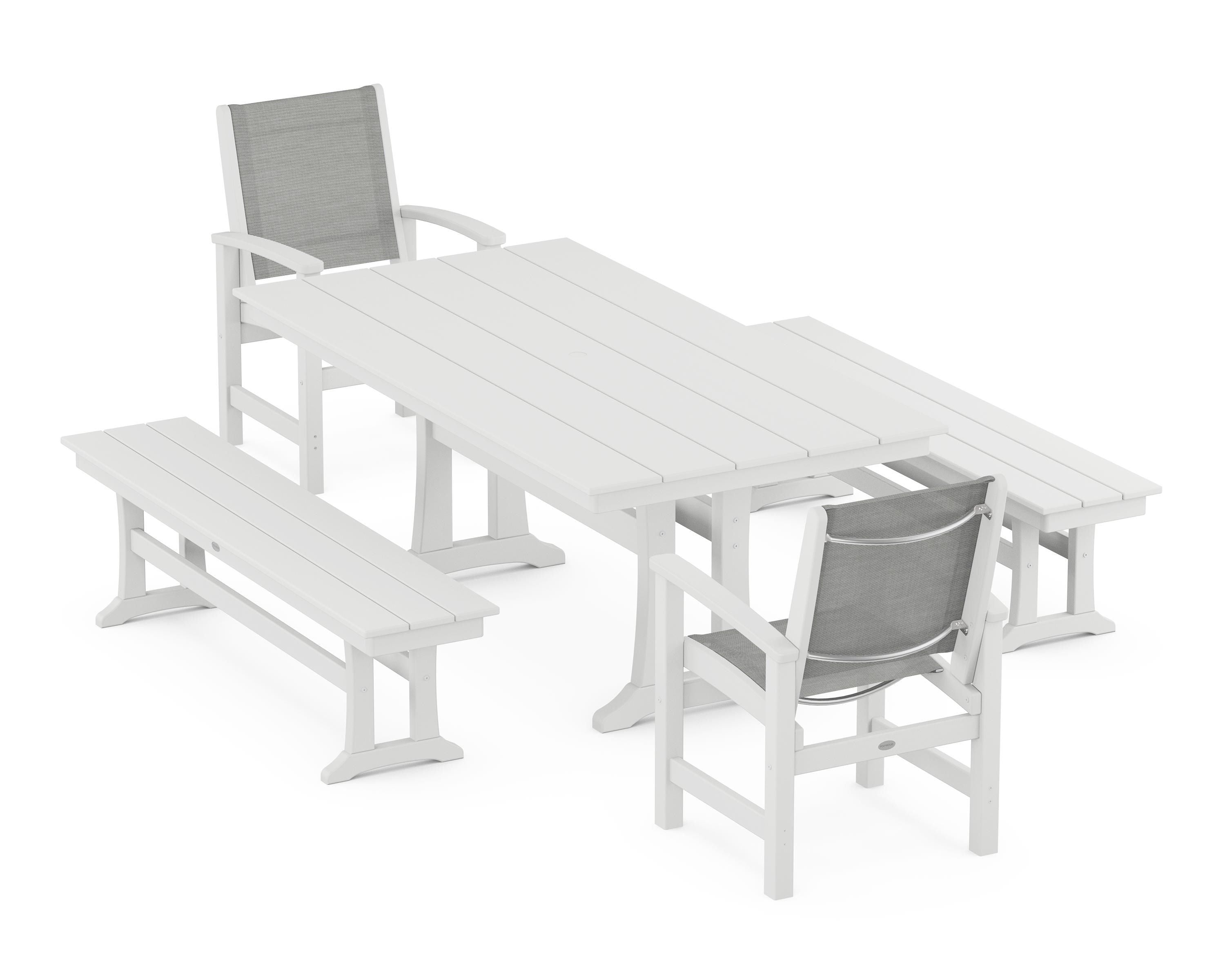 POLYWOOD Coastal 5-Piece Farmhouse Dining Set with Trestle Legs and Benches in White / Metallic Sling
