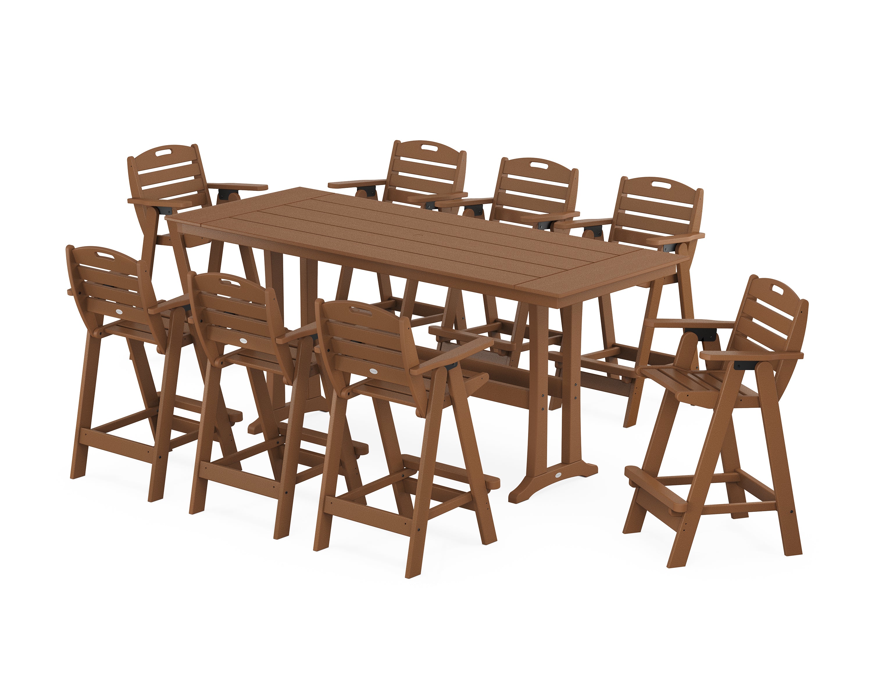 POLYWOOD Nautical 9-Piece Farmhouse Bar Set with Trestle Legs in Teak