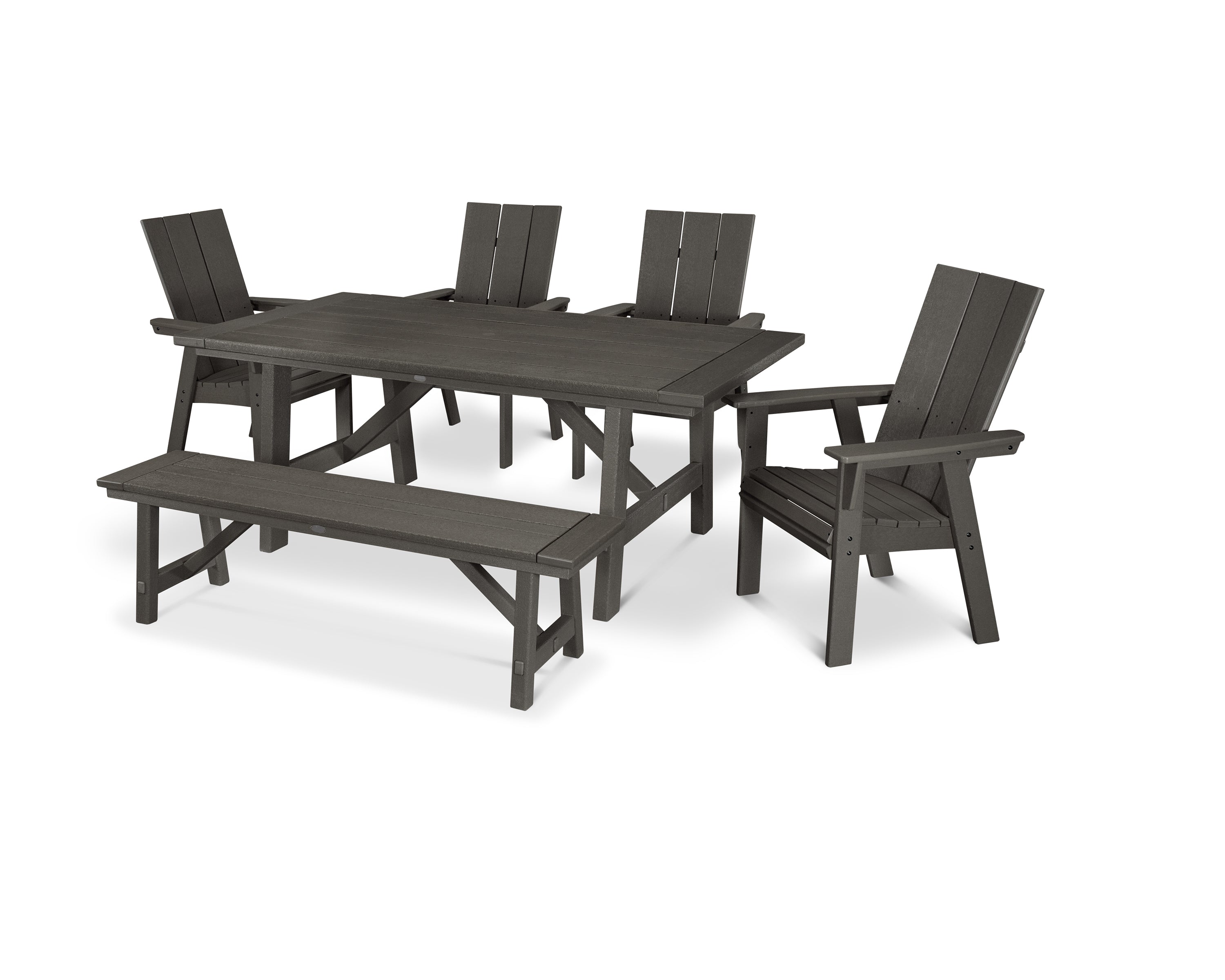POLYWOOD® Modern Curveback Adirondack 6-Piece Rustic Farmhouse Dining Set with Bench in Vintage Coffee