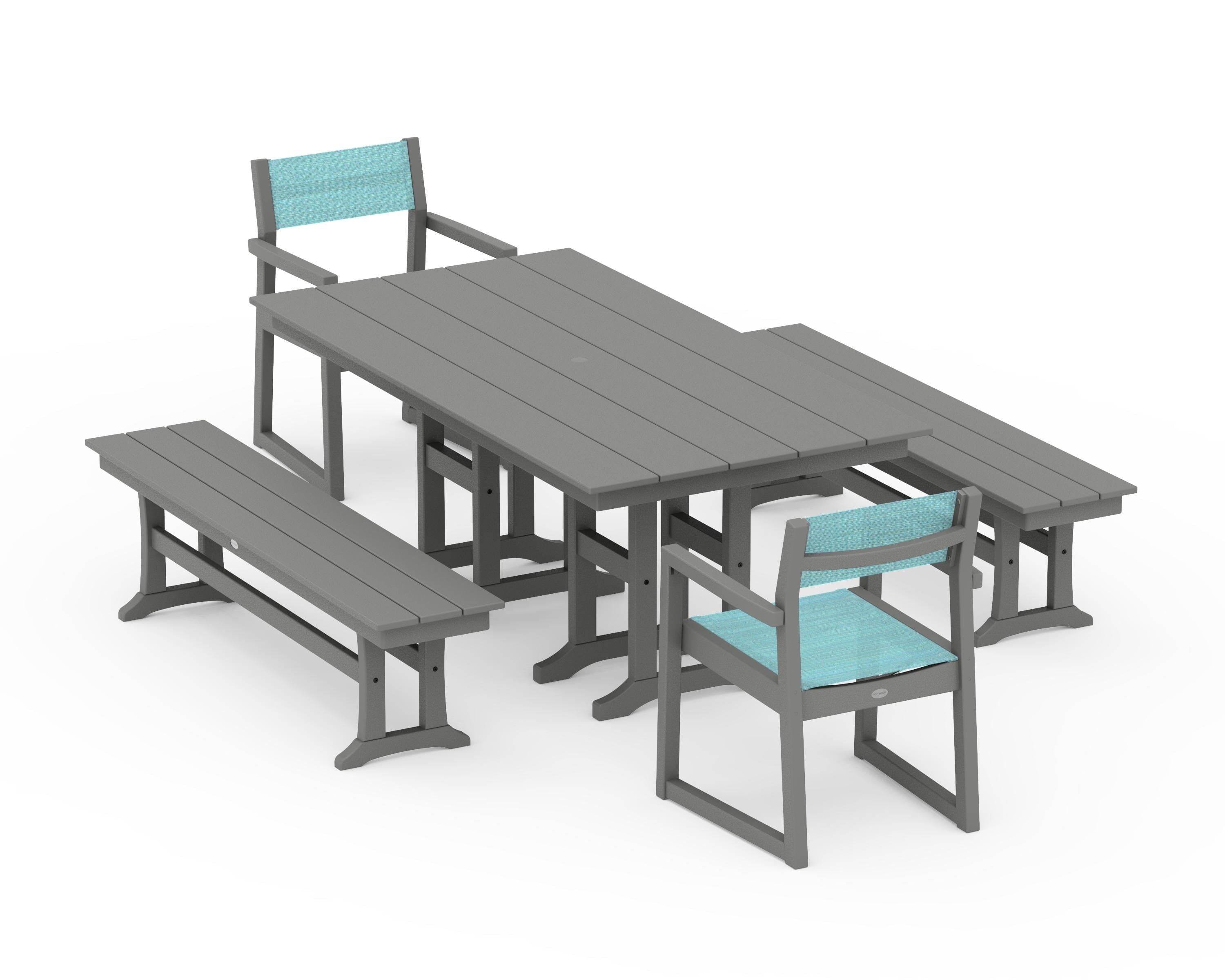 POLYWOOD EDGE Sling Arm Chair 5-Piece Farmhouse Dining Set with Benches in Slate Grey / Dupioni Aquamarine Sling