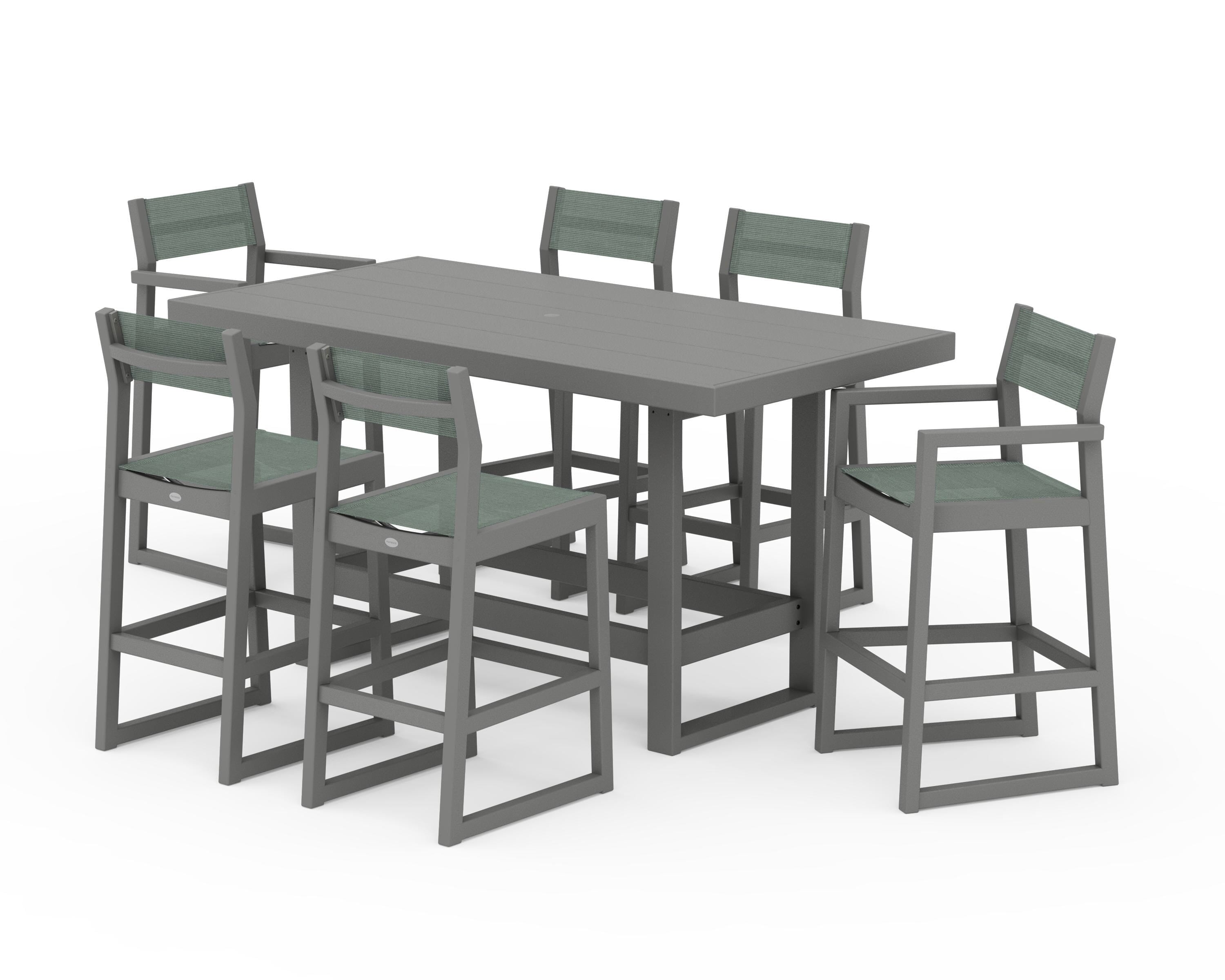 POLYWOOD EDGE Sling 7-Piece Bar Table Set in Slate Grey / Dupioni Sea Mist Sling