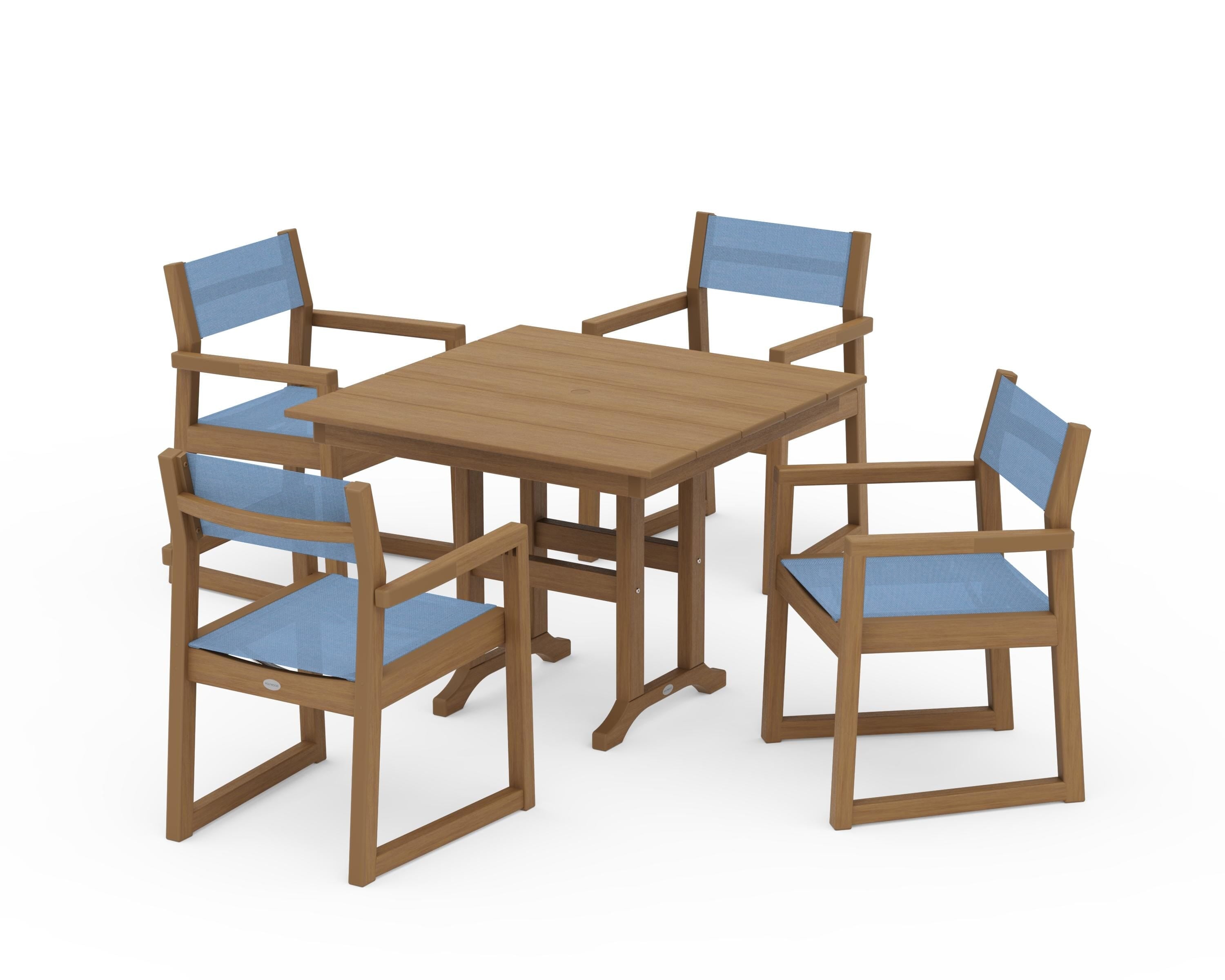 POLYWOOD EDGE Sling Arm Chair 5-Piece Farmhouse Dining Set in Natural / Poolside Sling