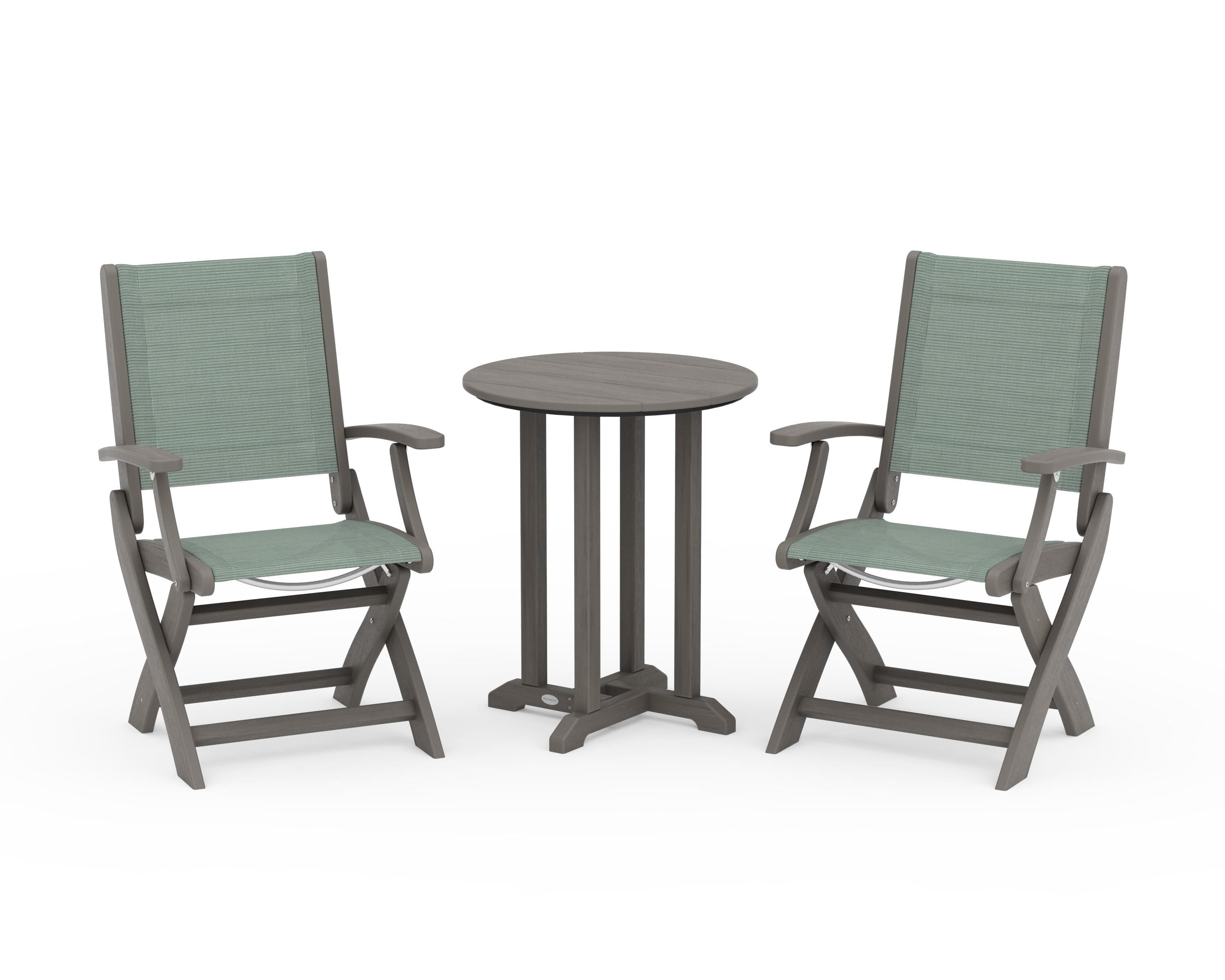 POLYWOOD Coastal Folding 3-Piece Round Bistro Dining Set in Driftwood / Dupioni Sea Mist Sling