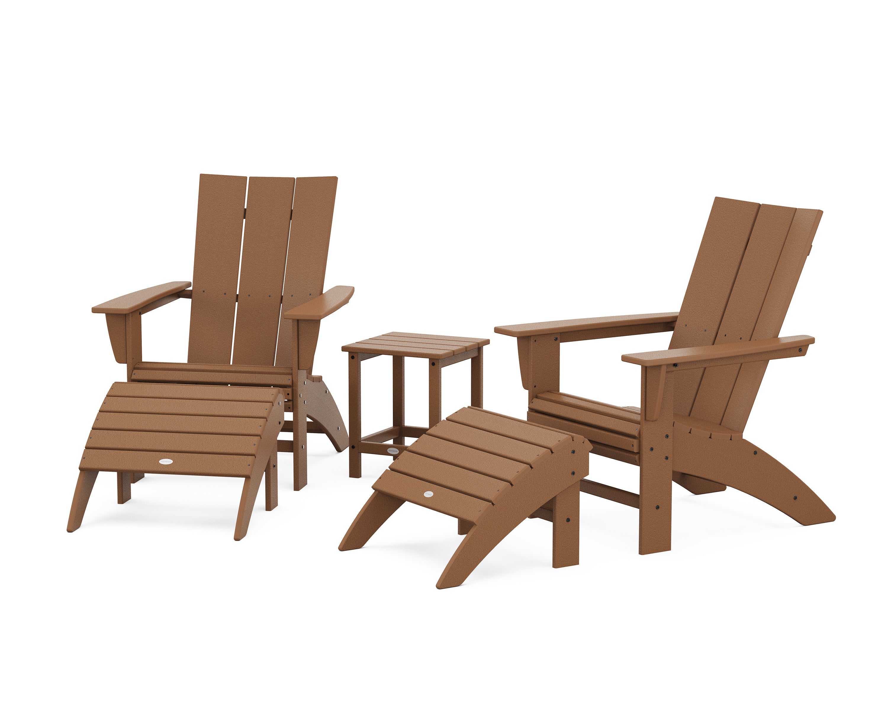 POLYWOOD® Modern Curveback Adirondack Chair 5-Piece Set with Ottomans and 18" Side Table in Teak