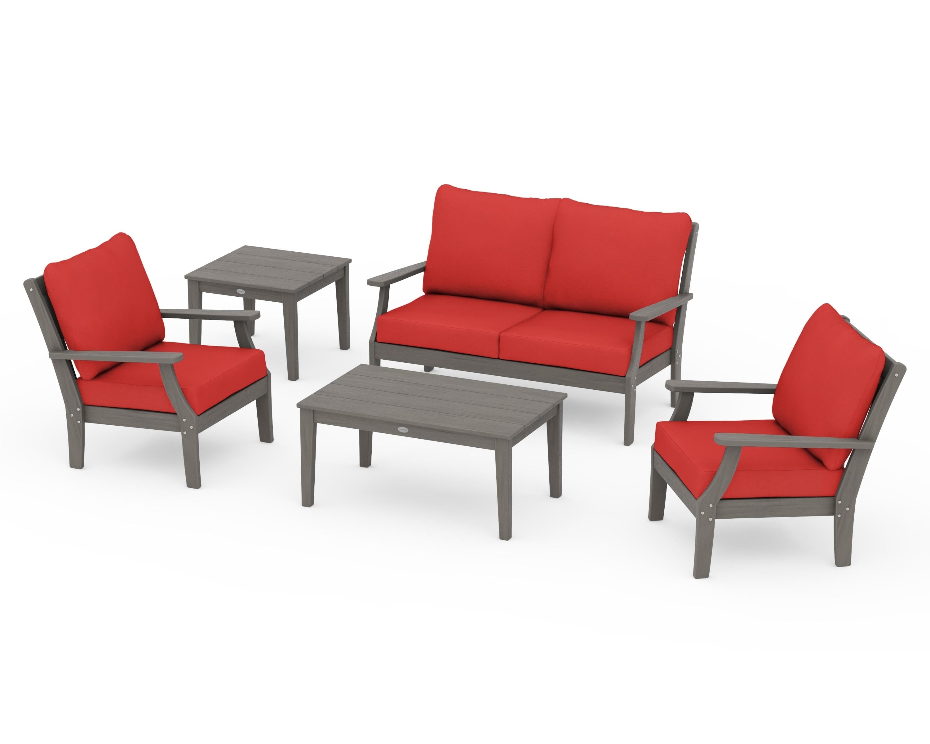 POLYWOOD Braxton 5-Piece Deep Seating Set in Driftwood / Crimson Linen