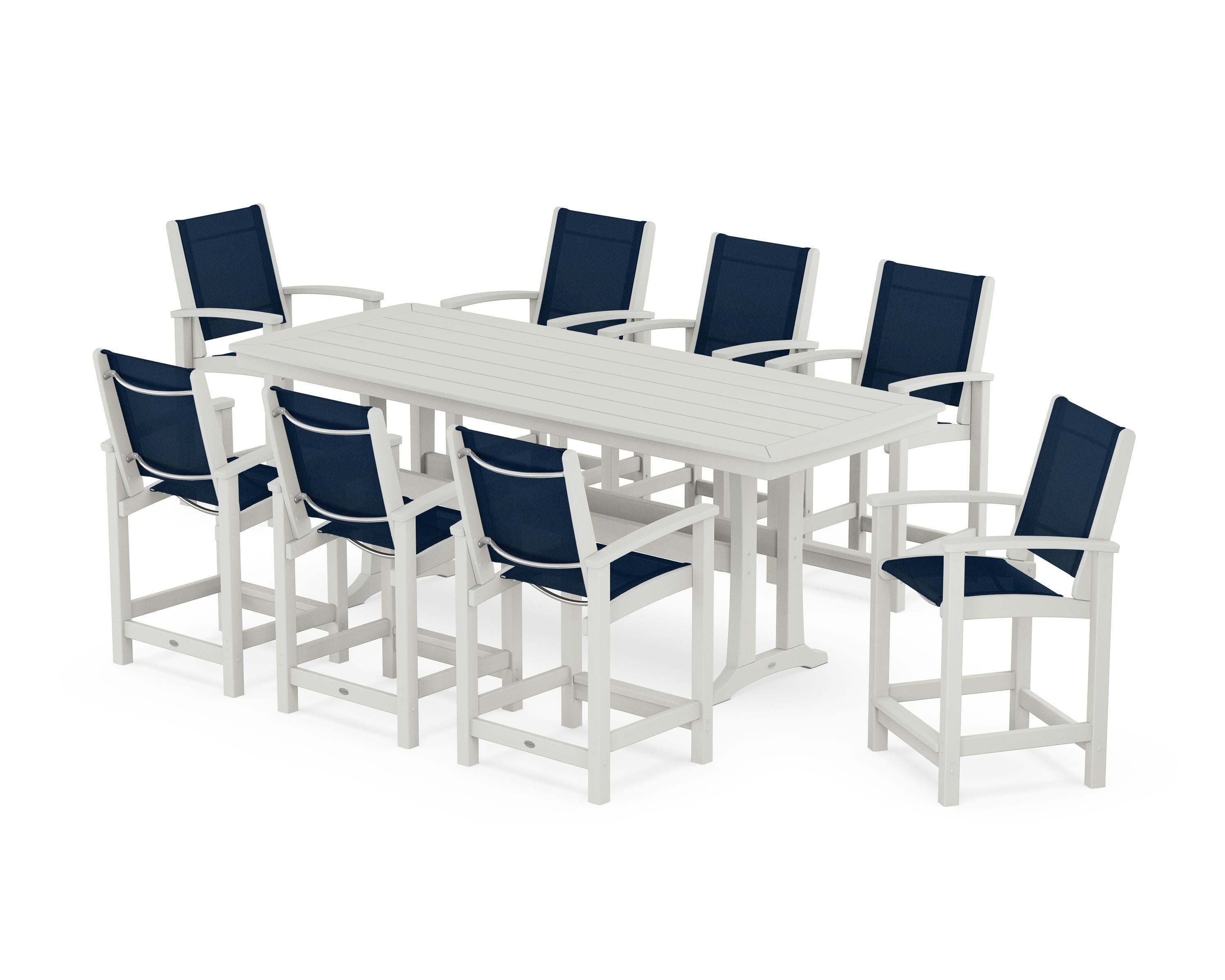 POLYWOOD Coastal 9-Piece Counter Set with Trestle Legs in Vintage White / Navy Blue Sling