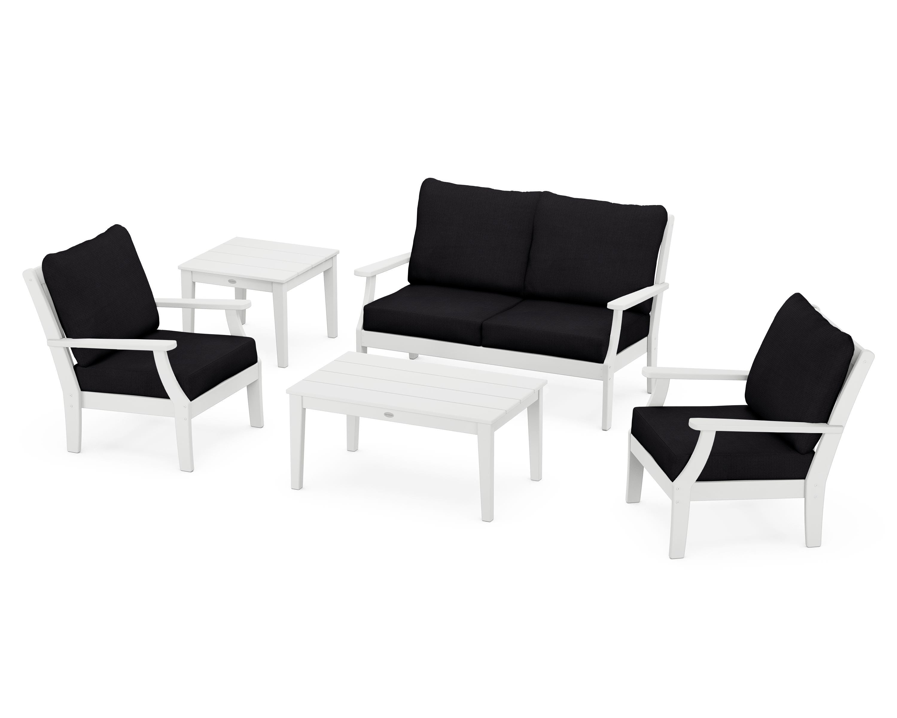 POLYWOOD Braxton 5-Piece Deep Seating Set in White / Midnight Linen