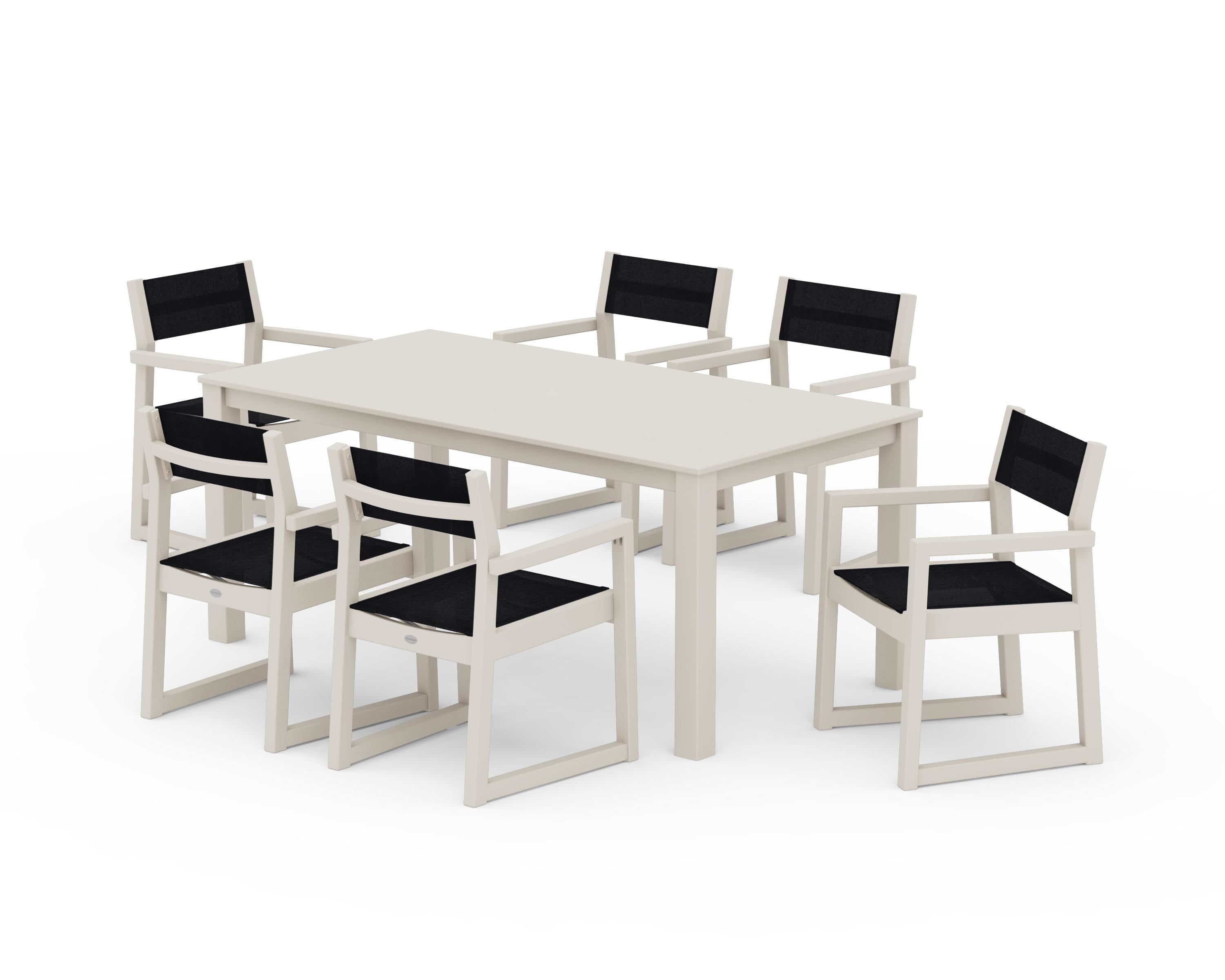 POLYWOOD EDGE Sling Arm Chair 7-Piece Parsons Dining Set in Sand / Black Sling